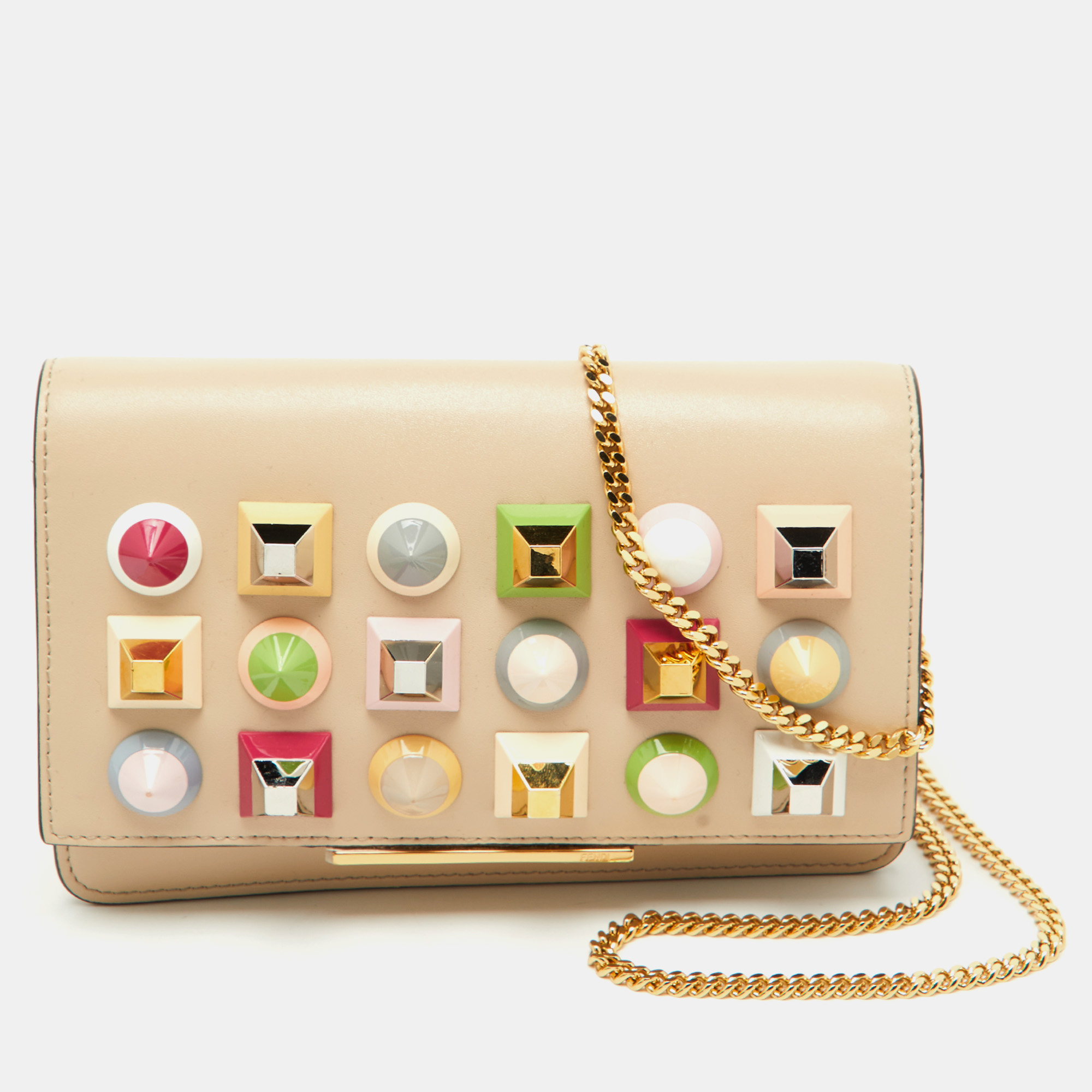 

Fendi Beige Leather Studded Flap Wallet on Chain