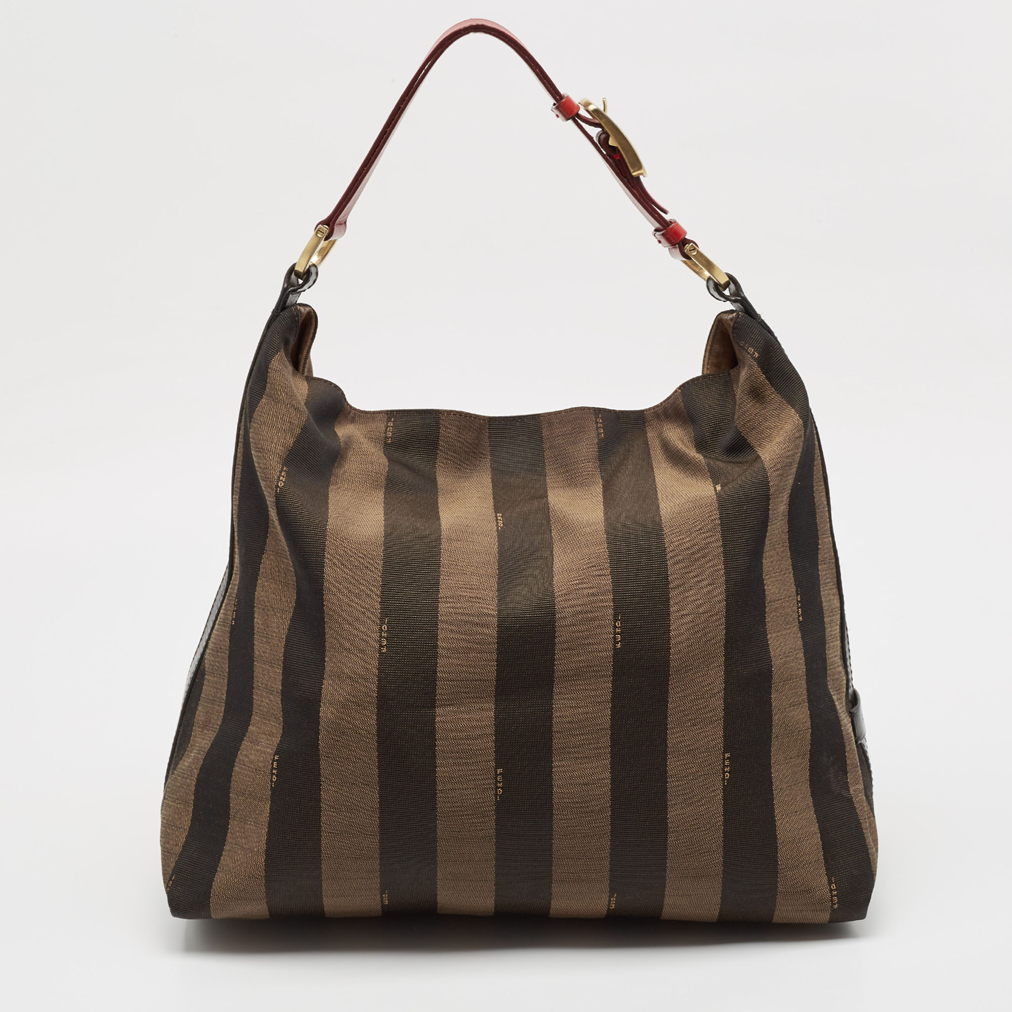 

Fendi Tobacco/Red Pequin Stripe Canvas and Leather Hobo, Brown