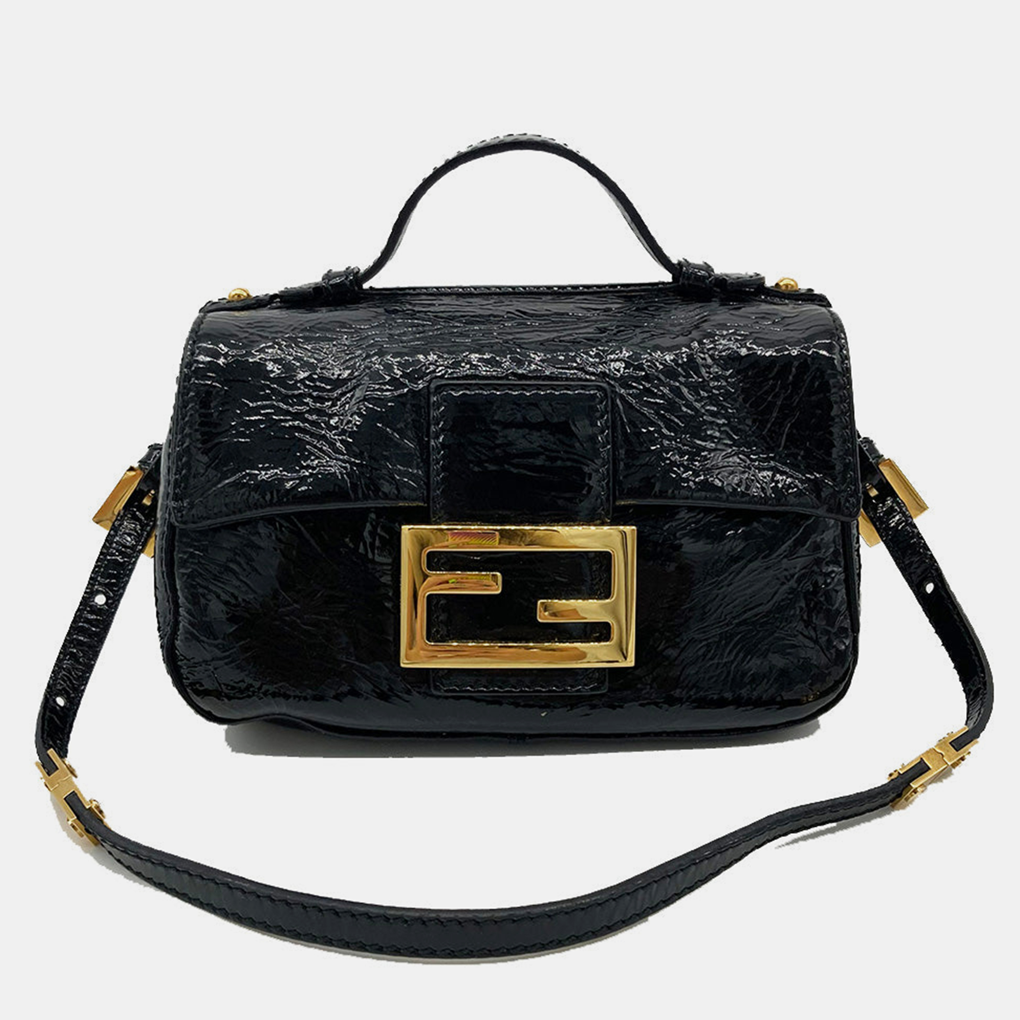 

Fendi Black Patent And Silk Zucca Double Mini Baguette