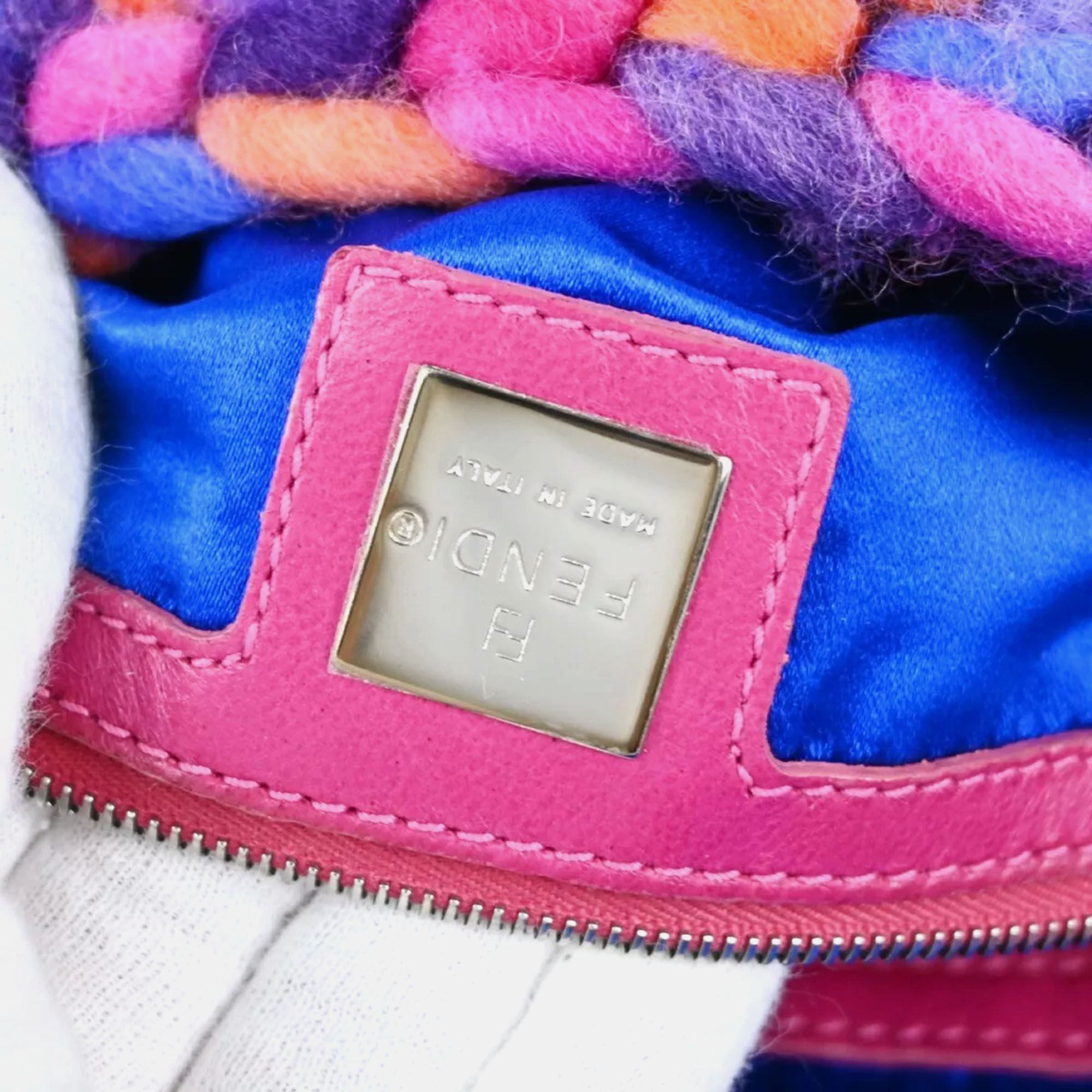 Fendi Blue Pink Wool Baguette Handbag 