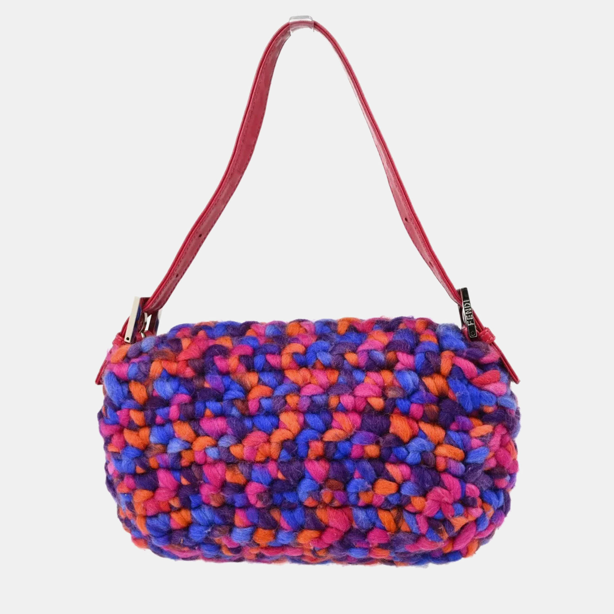 Fendi Blue Pink Wool Baguette Handbag 