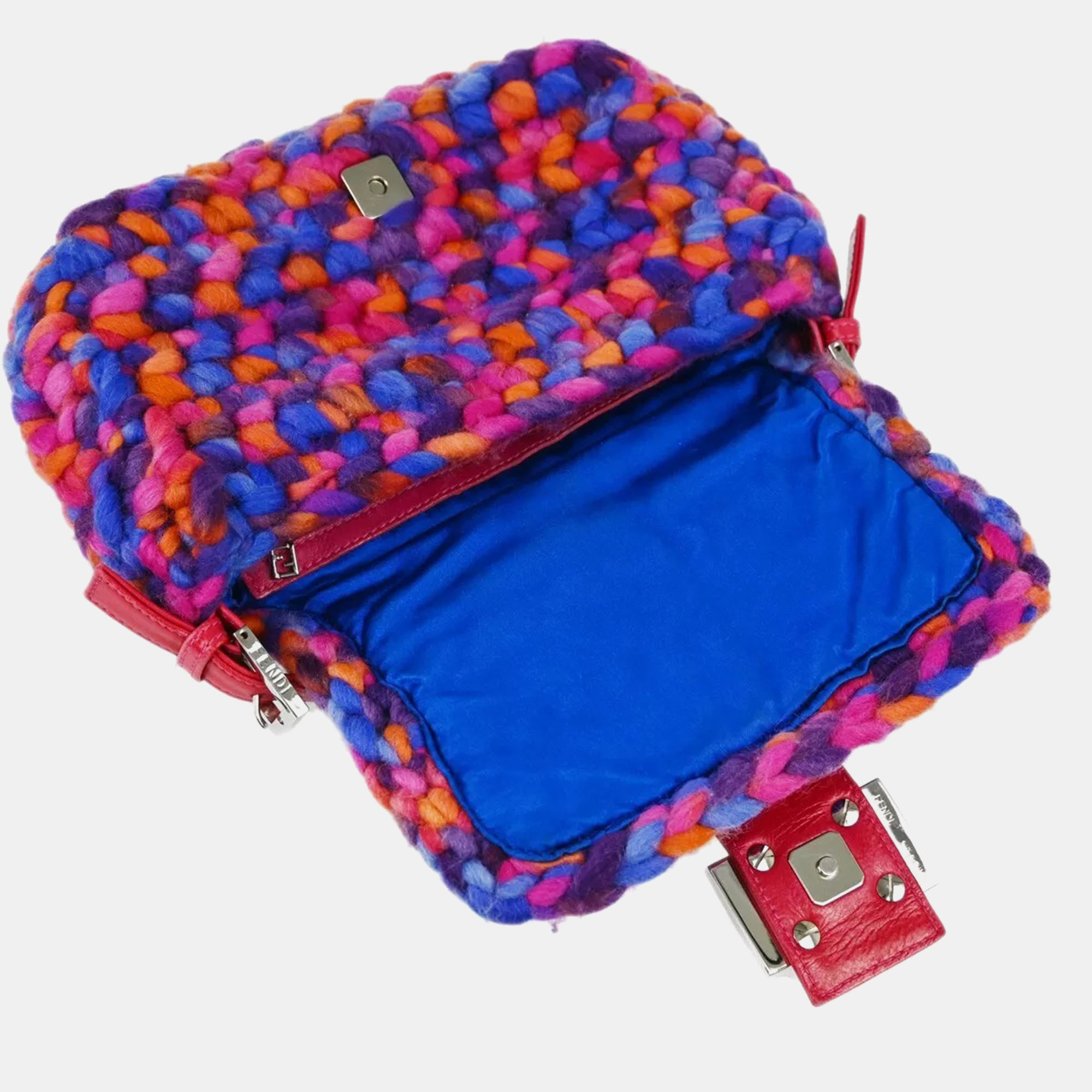 Fendi Blue Pink Wool Baguette Handbag 