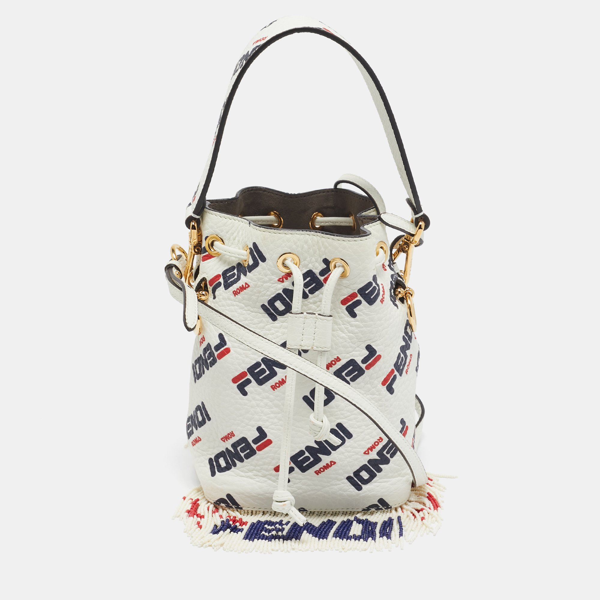 

Fendi x Fila White FF Leather Mini Mon Tresor Fringe Bucket Bag