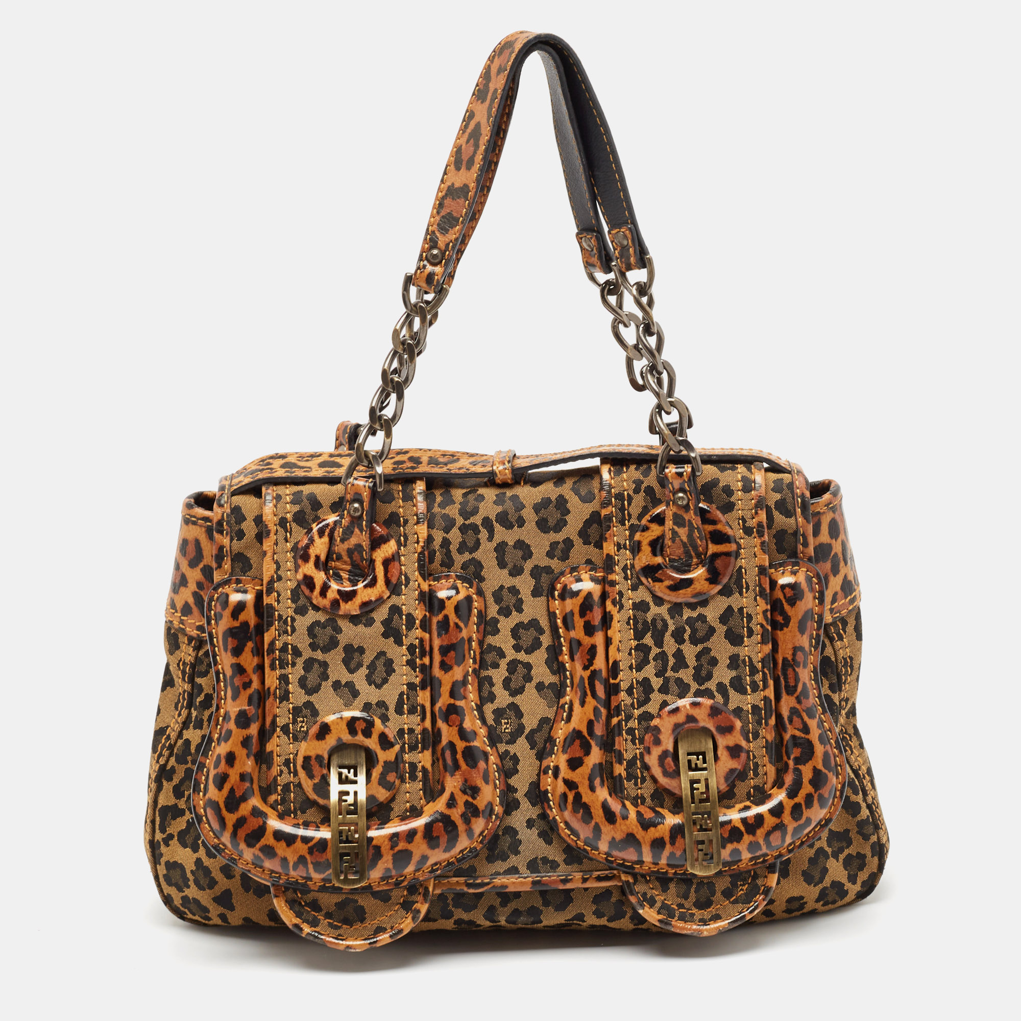 

Fendi Brown Leopard Print Fabric and Patent Leather Trim B Bag