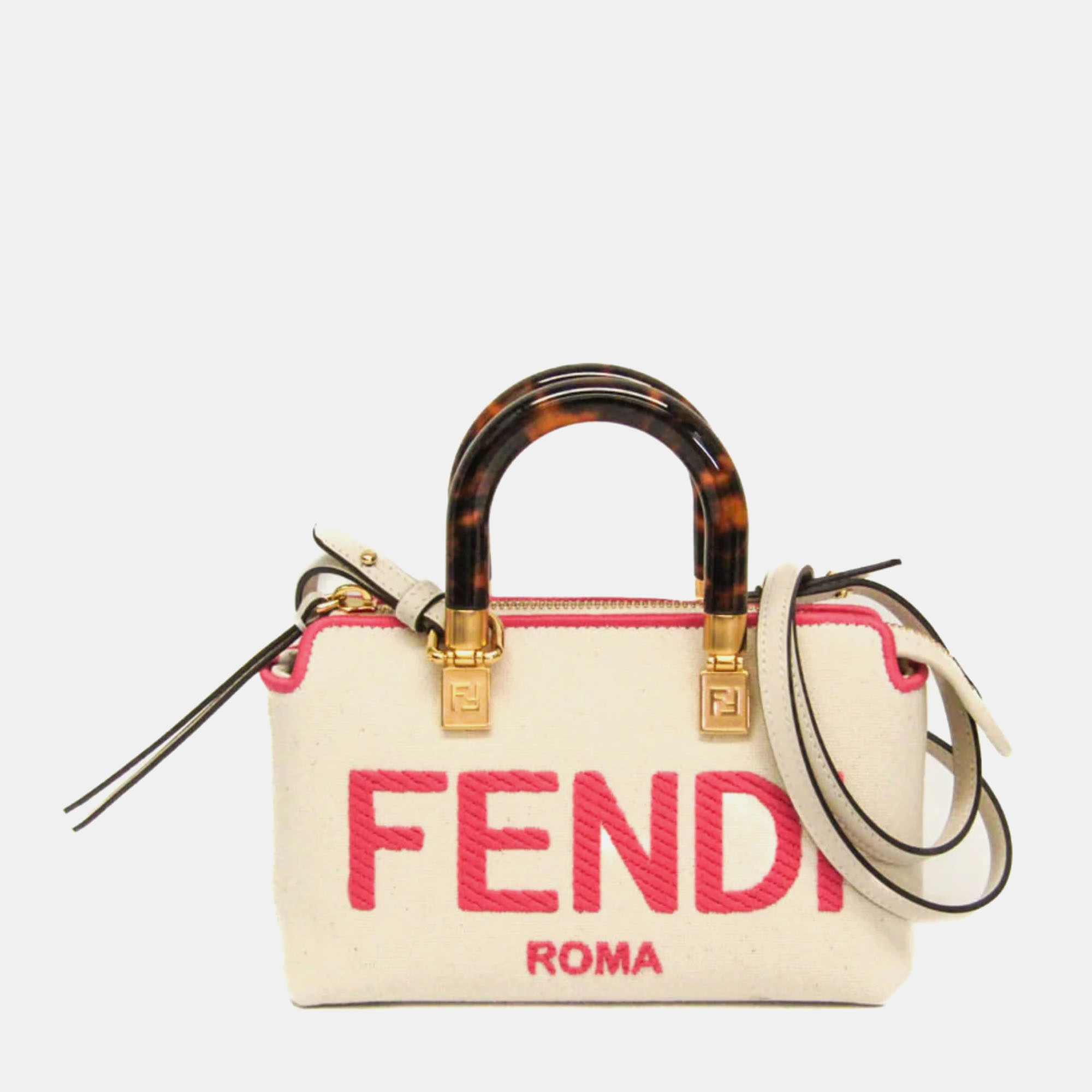 

Fendi By The Way Leather Canvas Cream Pink Shoulder Bag