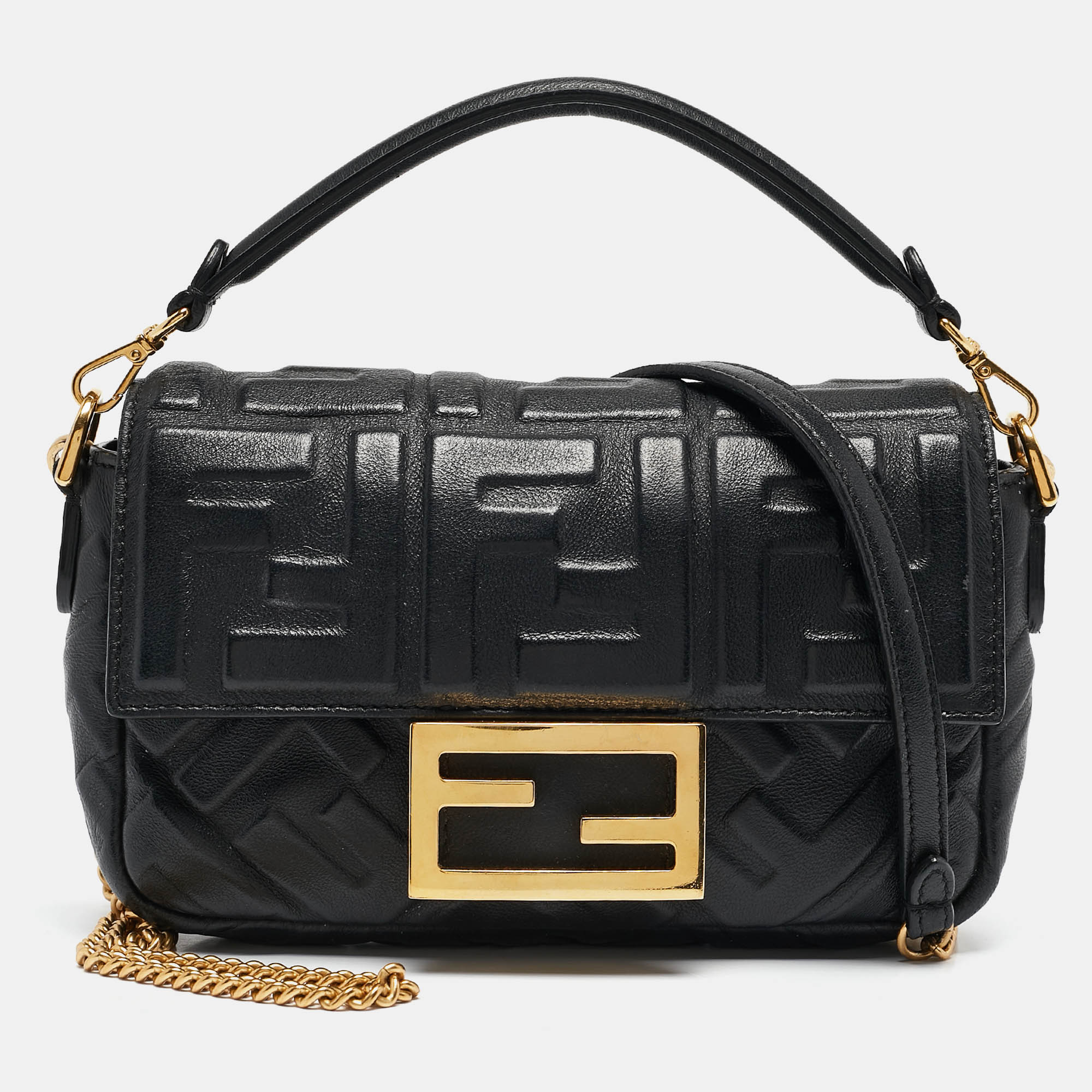 

Fendi Black Leather FF Motif Baguette Mini Chain Bag