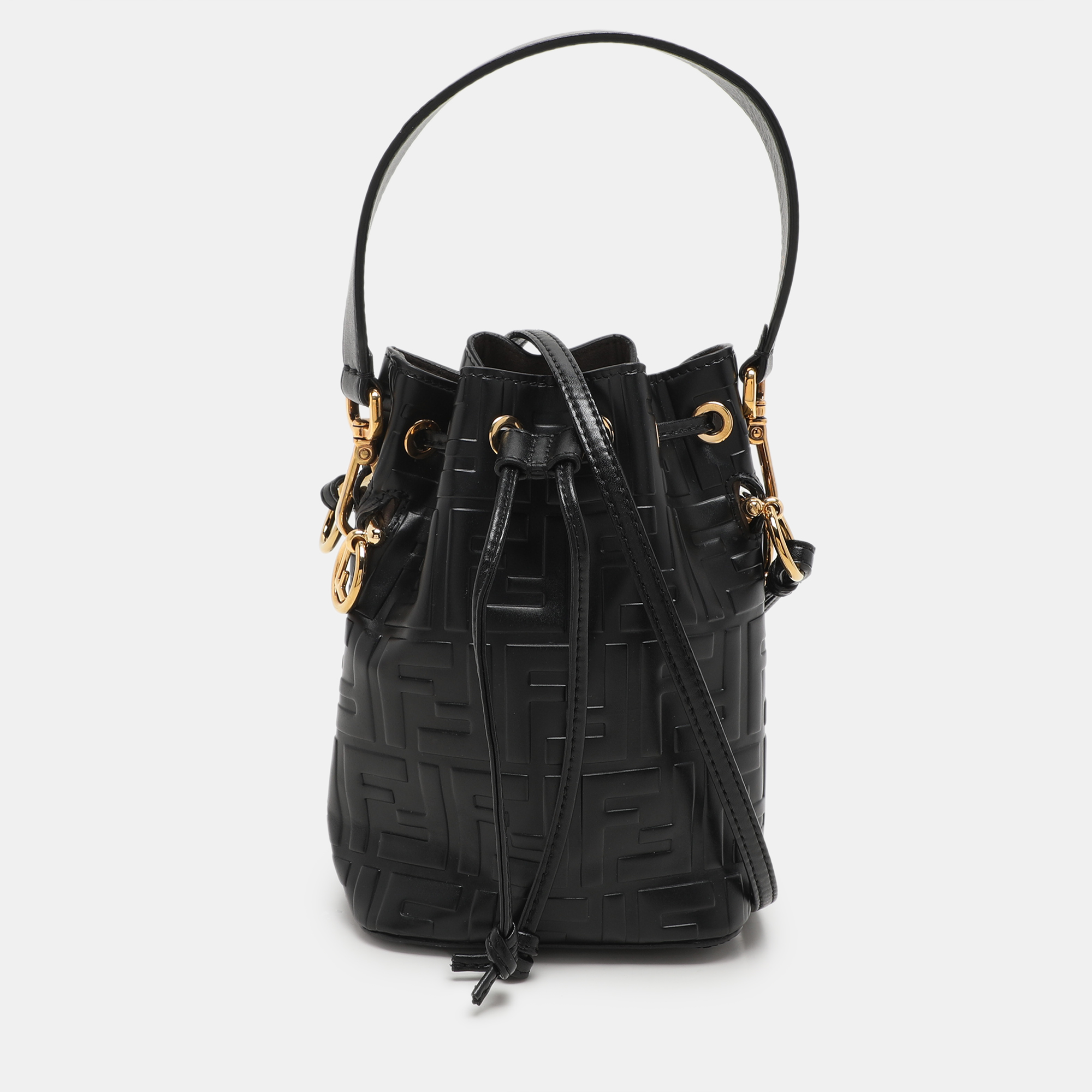 

Fendi Black Zucca Leather Mini Mon Tresor Drawstring Bucket Bag