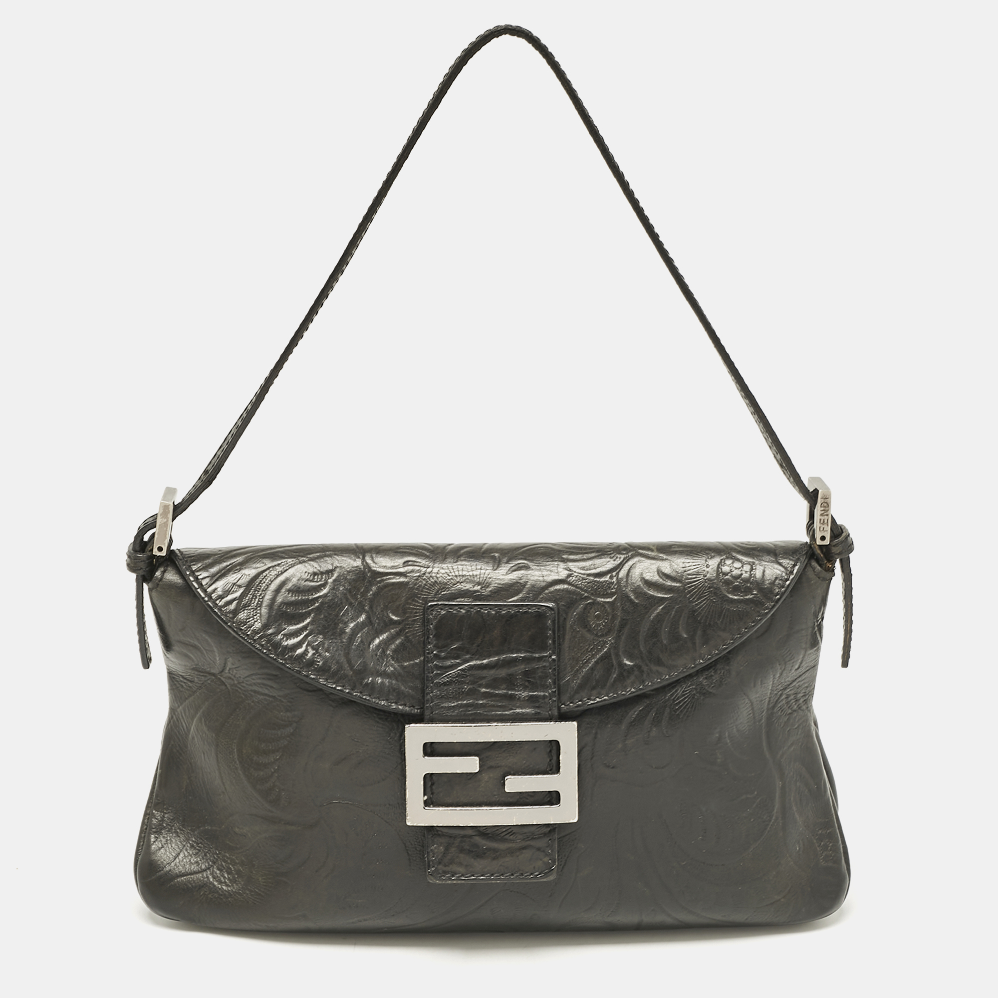 

Fendi Black Embossed Leather Double Baguette Bag