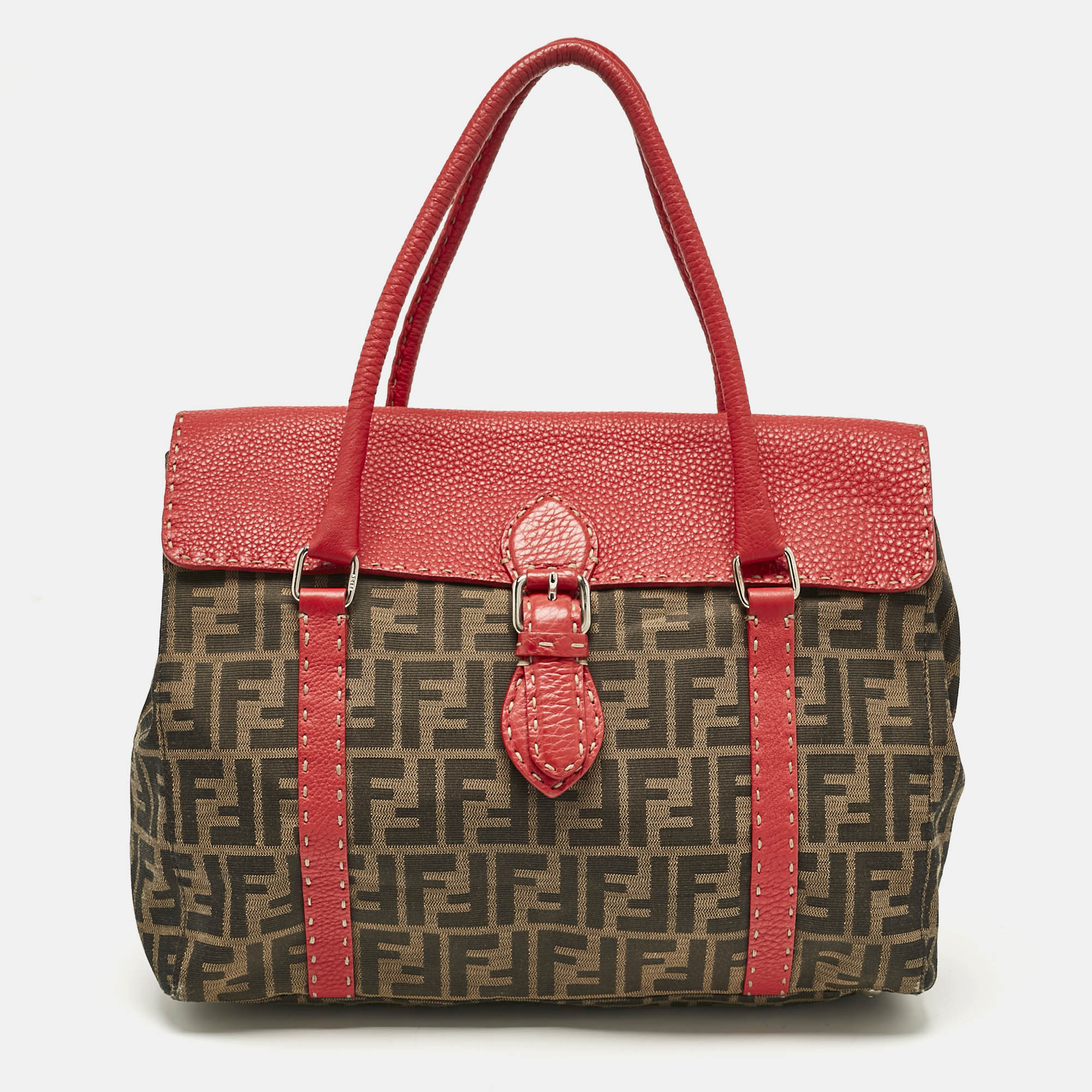 

Fendi Red/Tobacco Zucca Canvas and Selleria Leather Large Linda Satchel