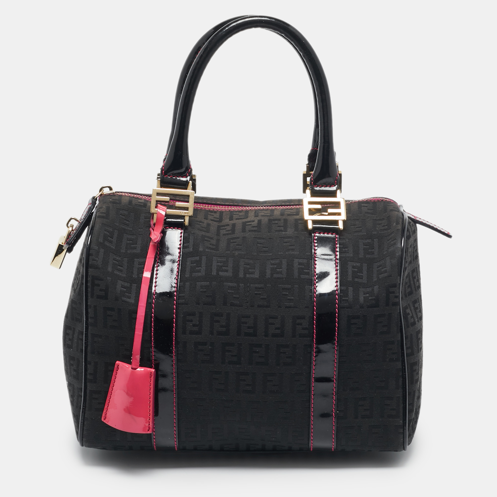 

Fendi Black Zucchino Canvas  Forever Bauletto Boston Bag