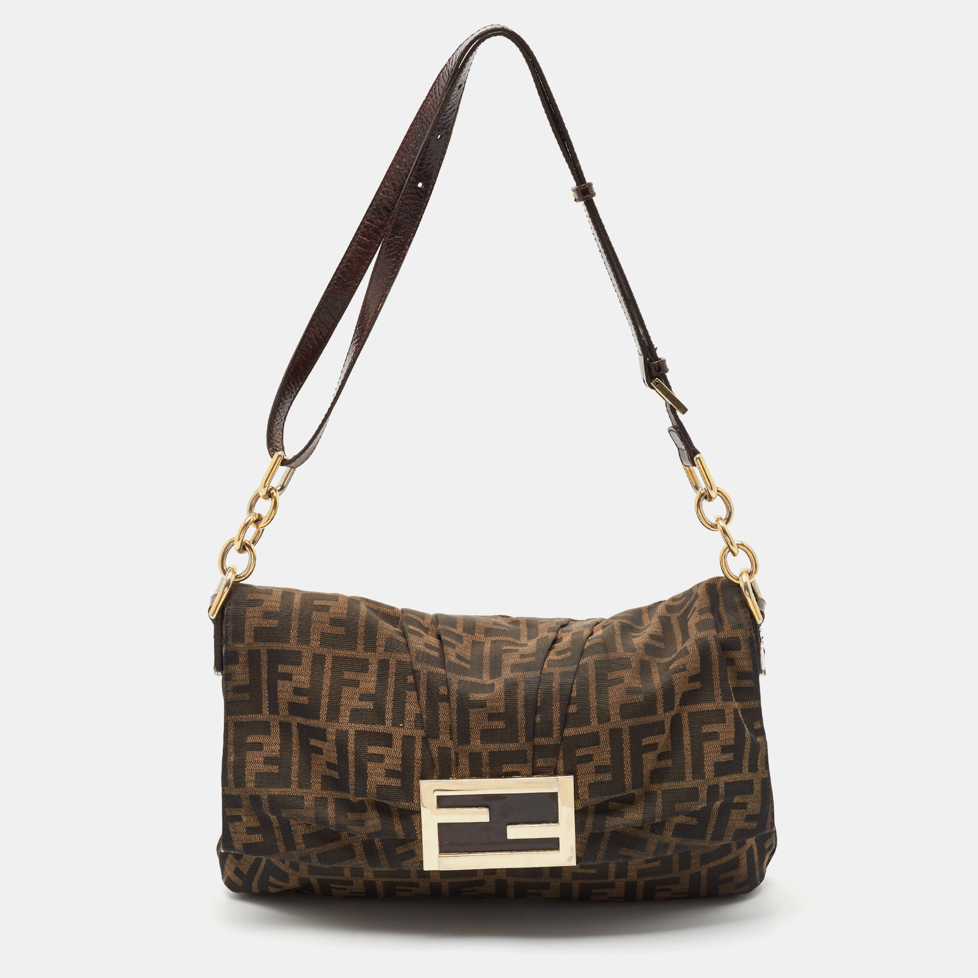 

Fendi Tobacco Zucca Canvas and Patent Leather Mia Flap Shoulder Bag, Brown