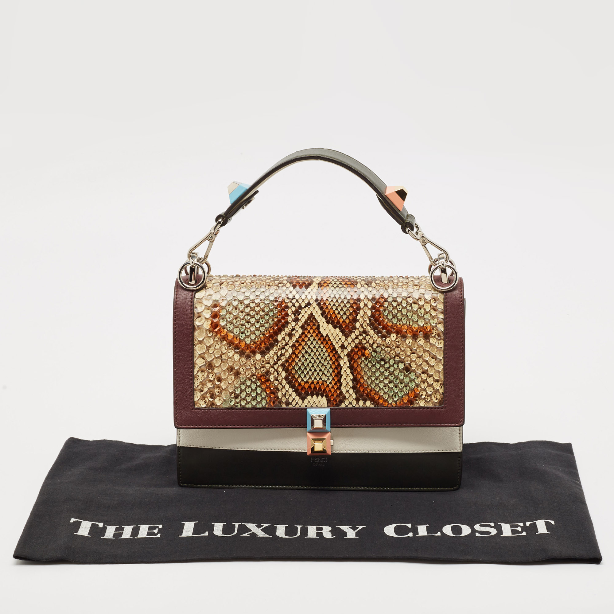 Fendi Multicolor Leather and Python Medium Kan I Top Handle Bag 