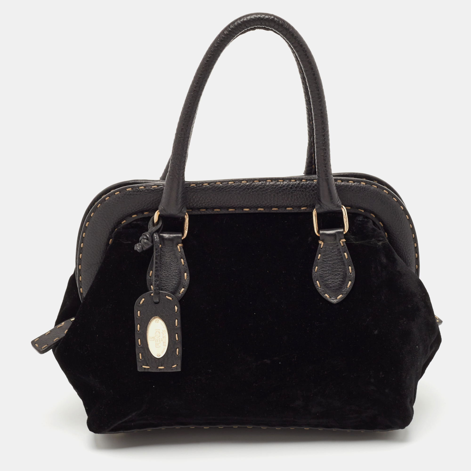 

Fendi Black Selleria Leather and Velvet Adele Frame Bag