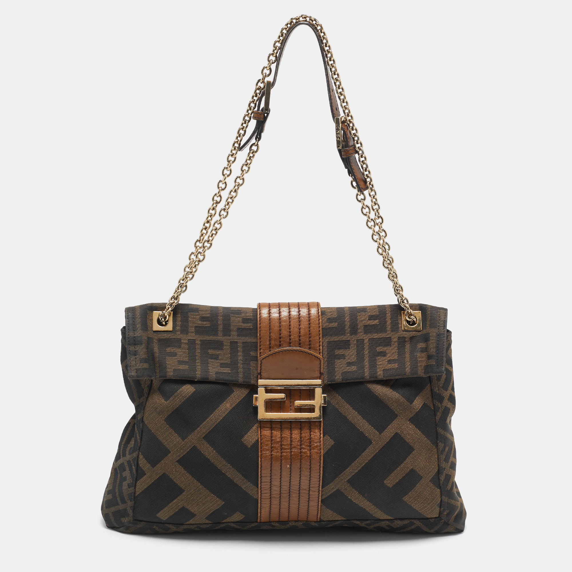 

Fendi Tobacco Zucca Canvas and Leather Maxi Baguette Flap Shoulder Bag, Brown