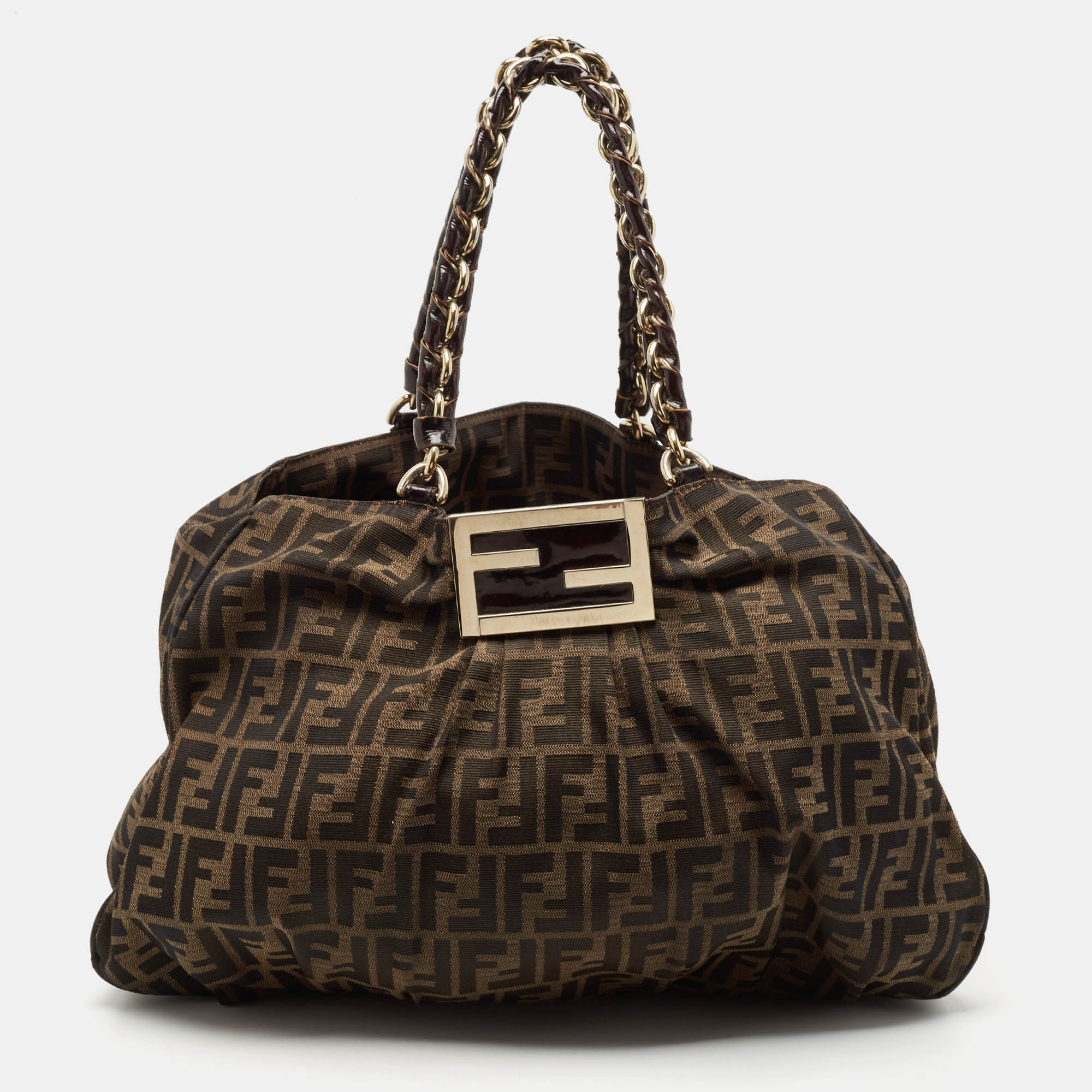 

Fendi Tobacco Zucca Canvas And Patent Leather  Mia Shoulder Bag, Brown