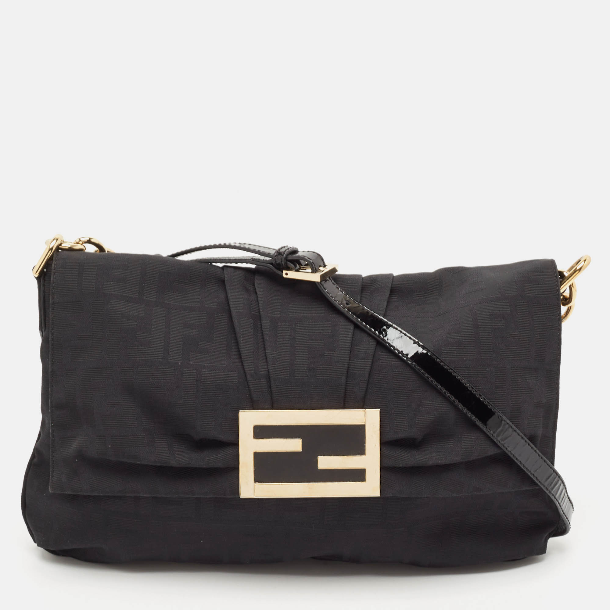 

Fendi Black Zucca Canvas and Patent Leather  Mia Flap Bag