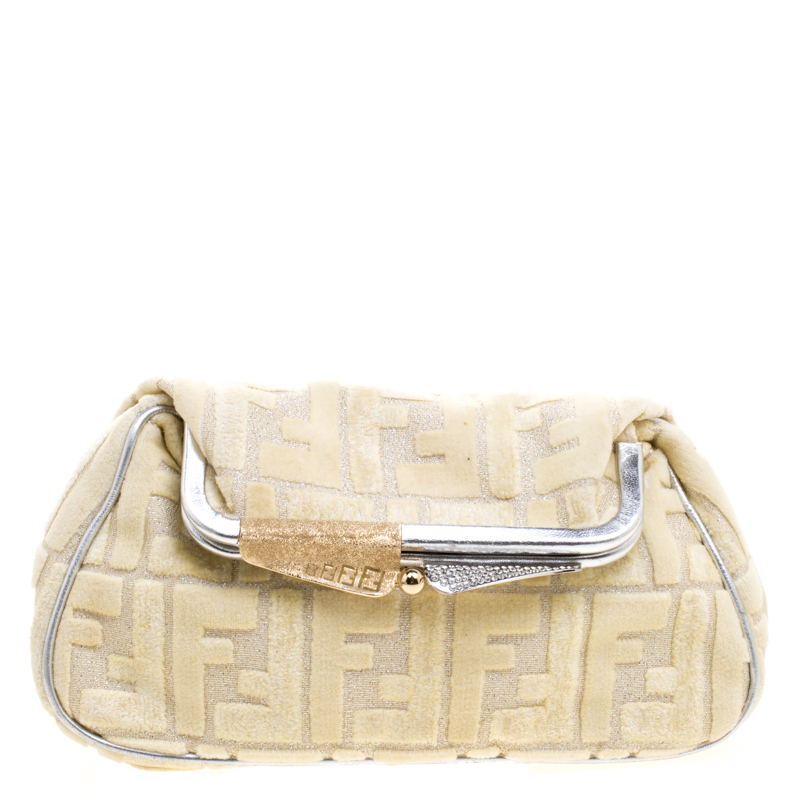 Pre Owned Fendi Cream Zucca Fabric Folded Clutch