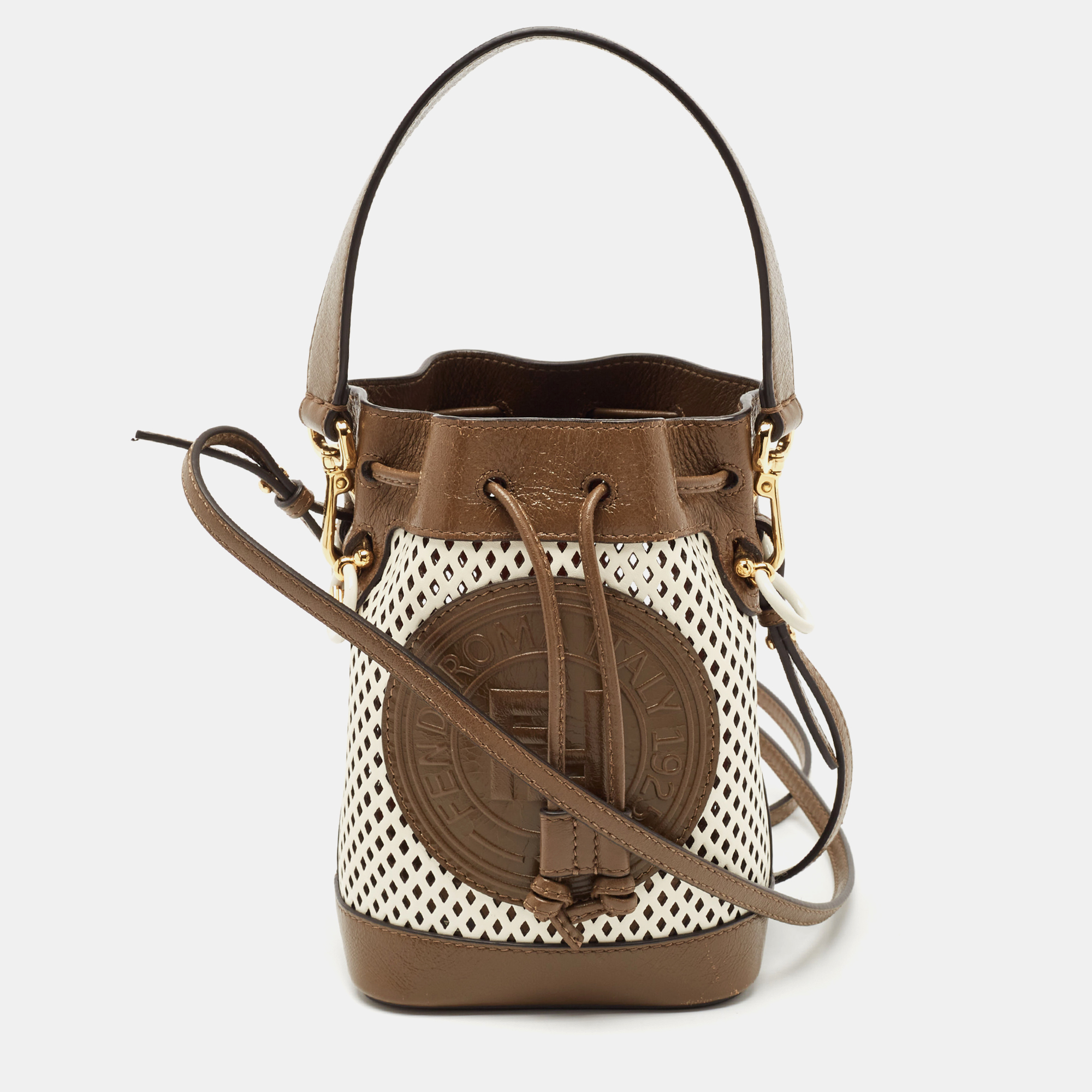 

Fendi Olive Green/White Perforated Leather Mini Mon Tresor Bucket Bag