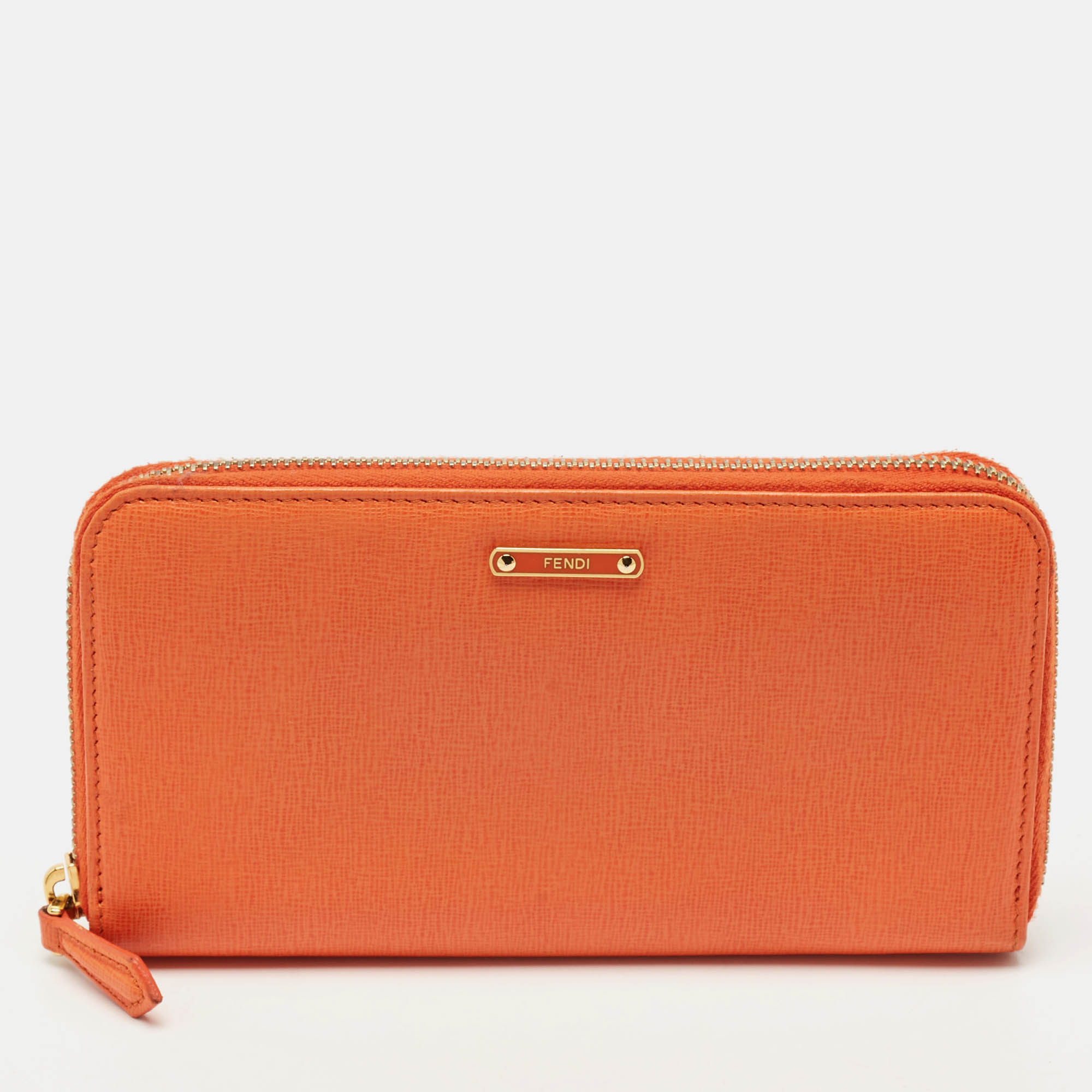 

Fendi Orange Leather Zip Continental Wallet