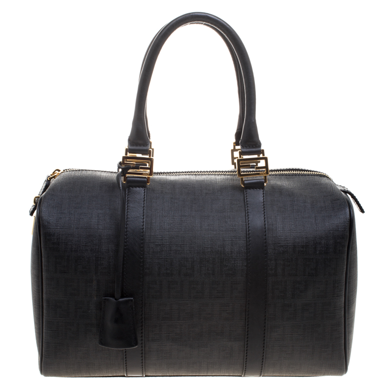 Pre Owned Fendi Black Zucchino Canvas Forever Bauletto Boston Bag