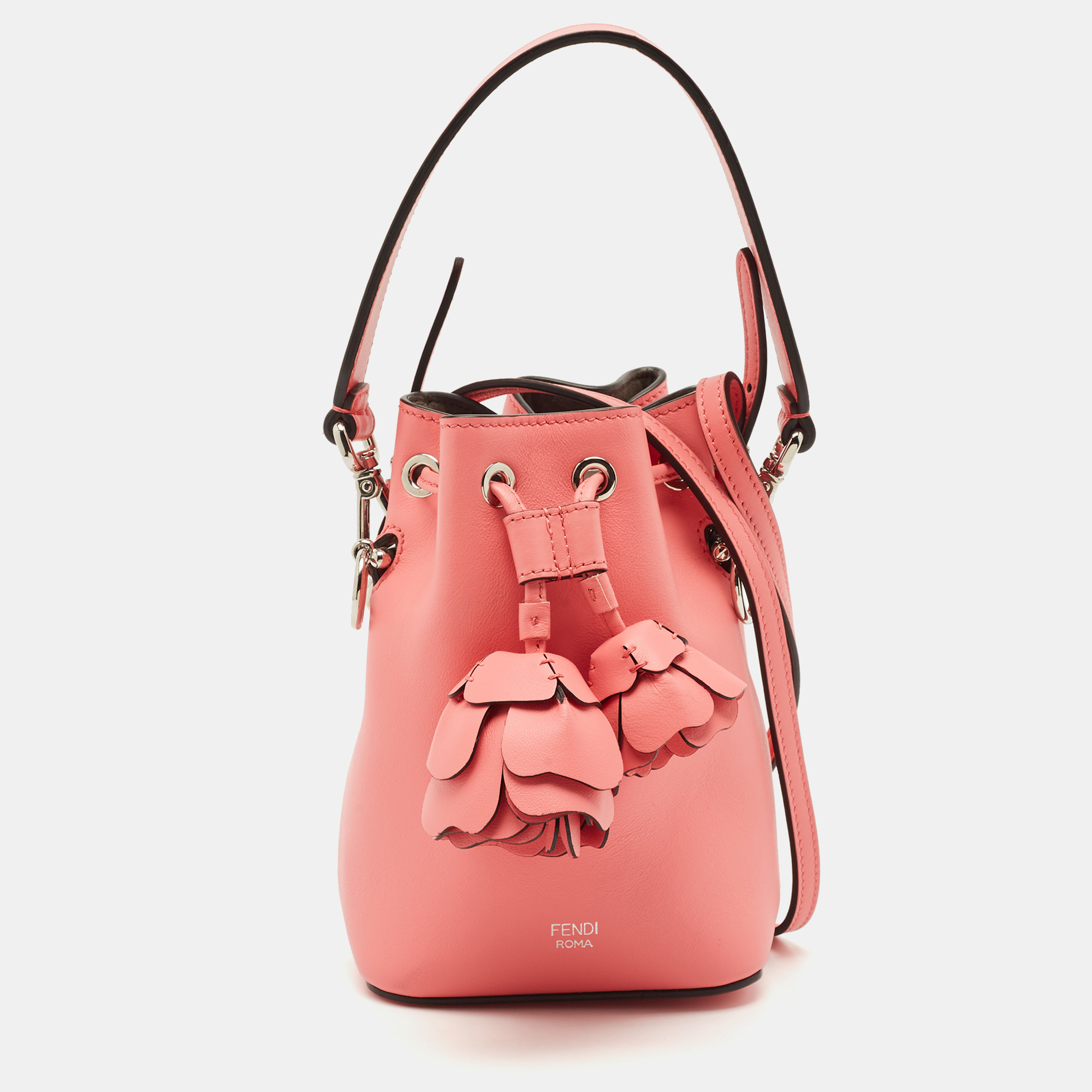 

Fendi Pink Leather Mini F is 3D Flower Mon Tresor Bucket Bag