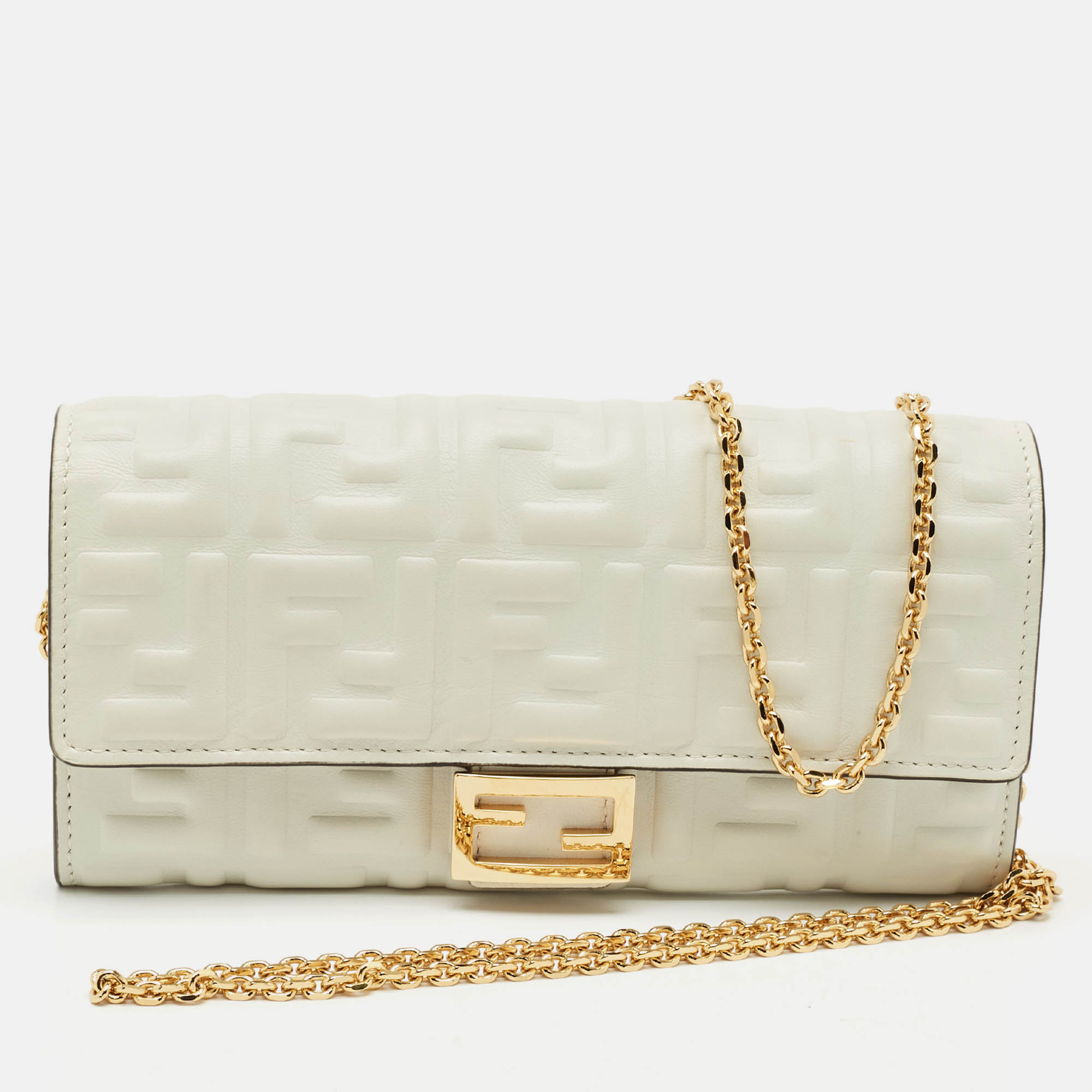 

Fendi White Zucca Embossed Leather Baguette Wallet On Chain