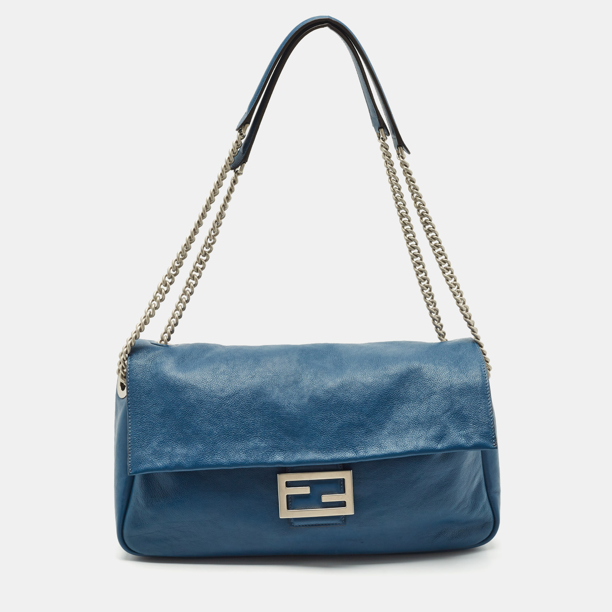 

Fendi Blue Leather  Baguette Chain Shoulder Bag