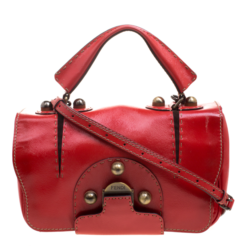 Pre Owned Fendi Red Patent Leather Secret Code Top Handle Bag