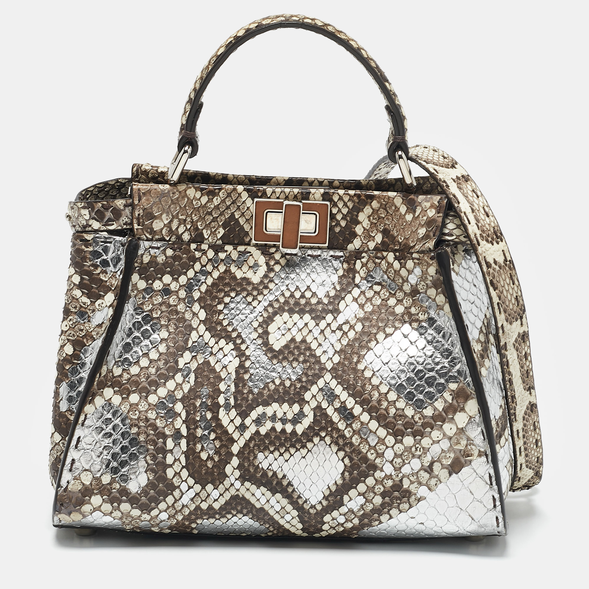 

Fendi Brown/Silver Selleria Python Mini Peekaboo Top Handle Bag