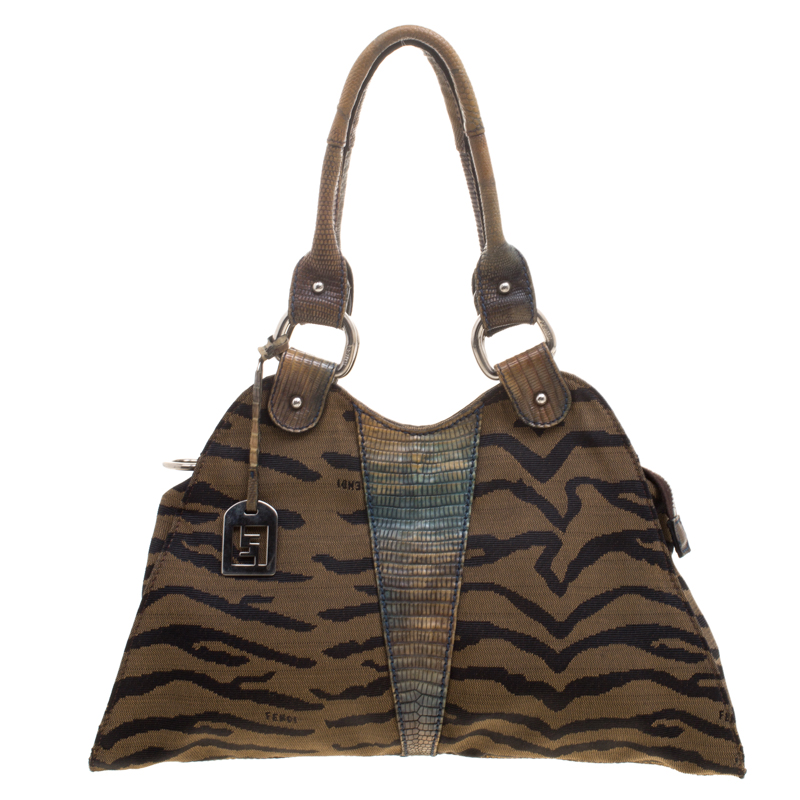 Pre Owned Fendi Brown Lizard and Canvas Small Diavolo Trapezio Shoulder Bag