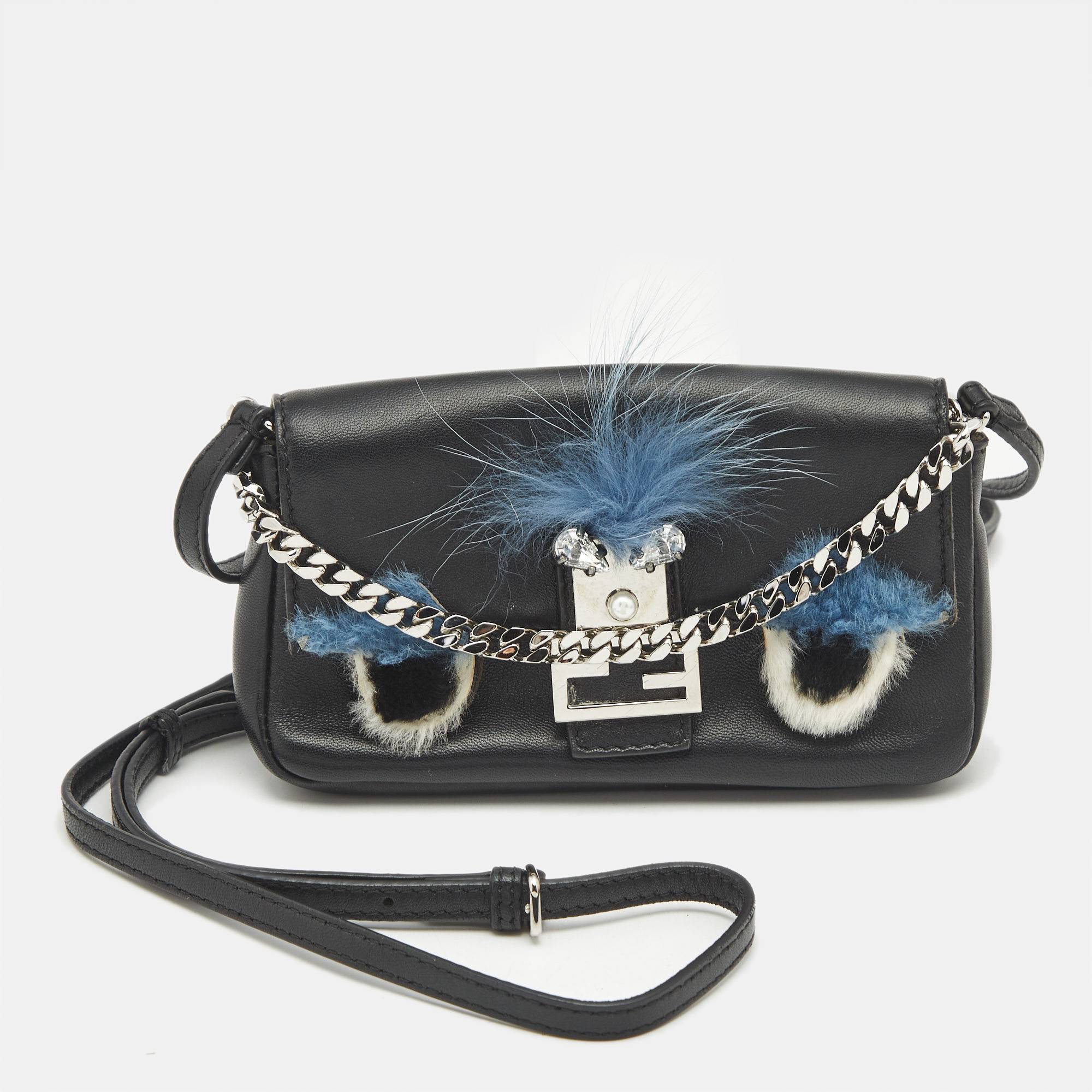 

Fendi Black Leather and Fox Fur Micro Buggie Crossbody Bag
