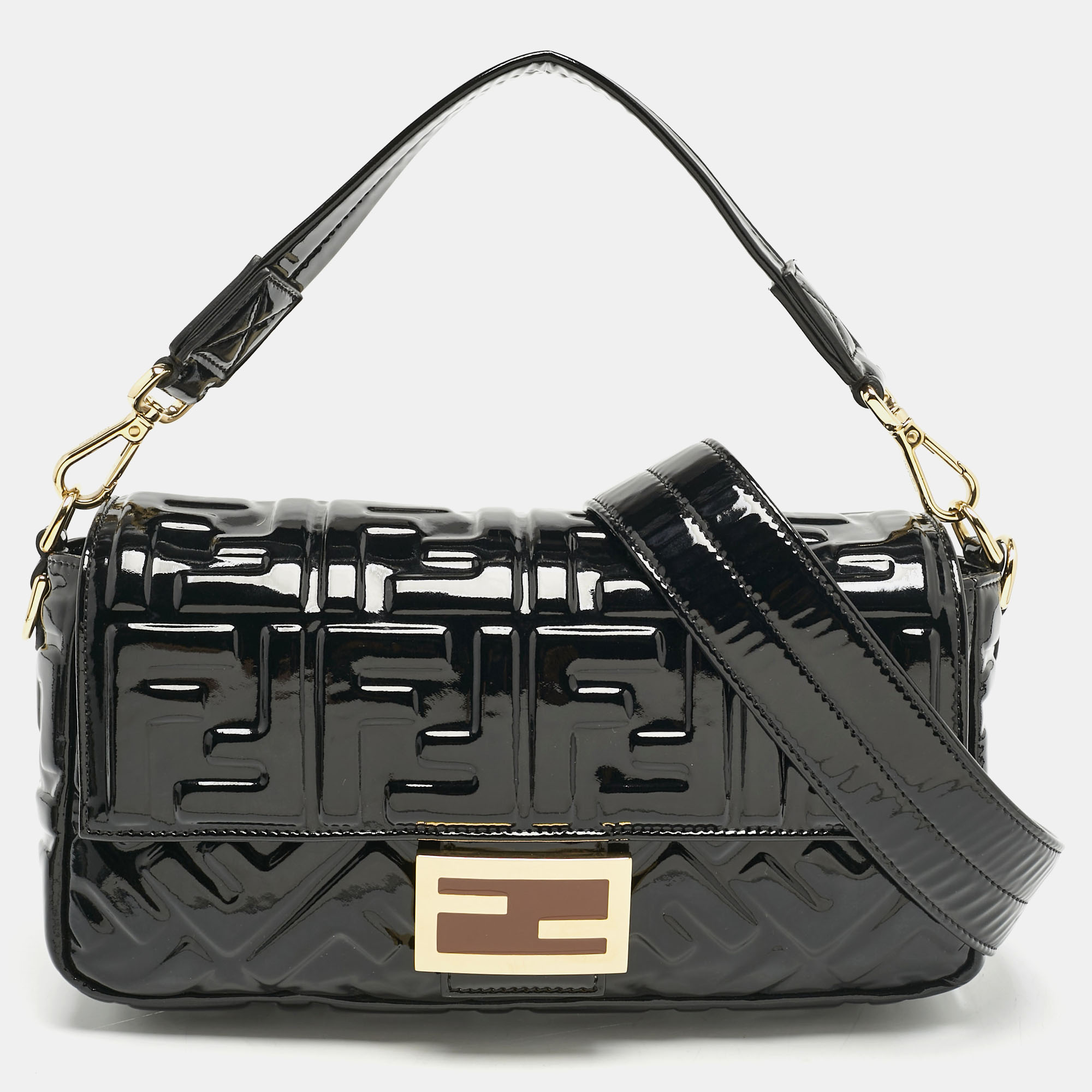 

Fendi Black FF Embossed Patent Leather  Baguette Bag