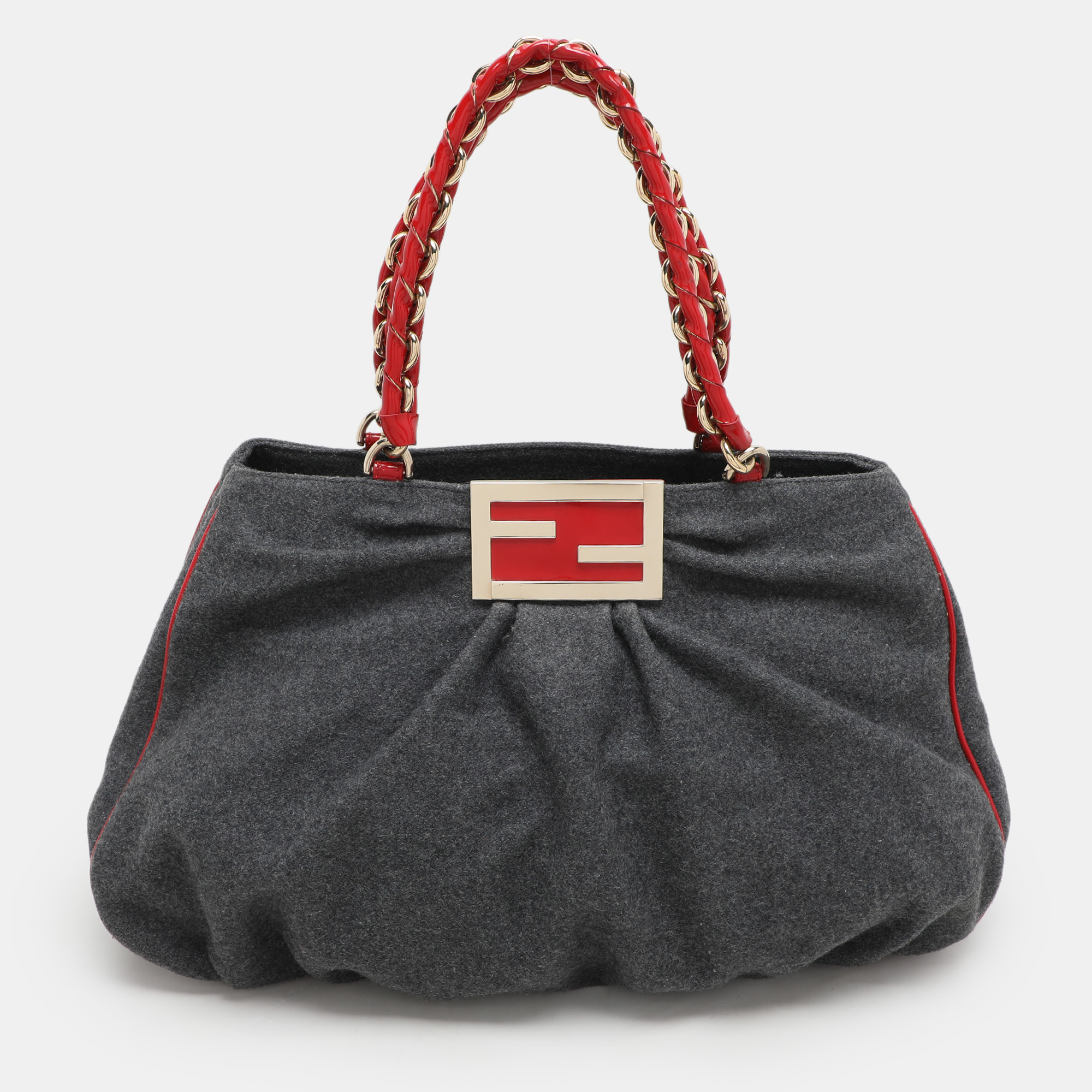 

Fendi Grey/Red Wool and Patent Leather Large Mia Tote, Black