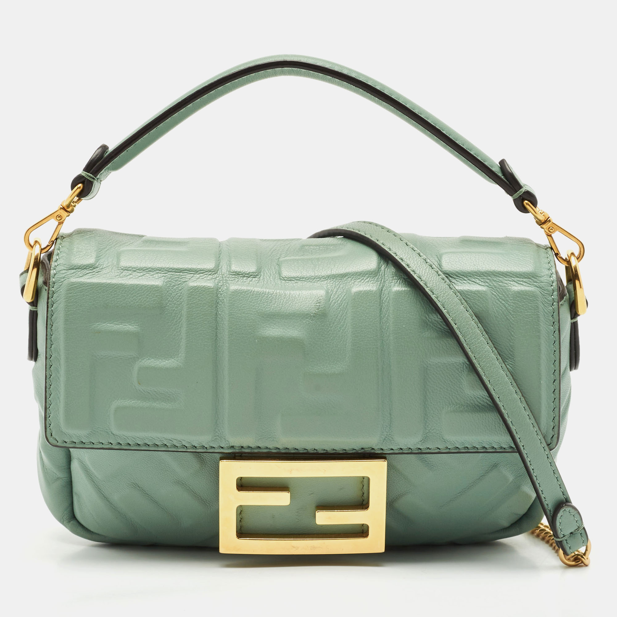 

Fendi Green FF Logo Embossed Leather Mini Baguette Bag