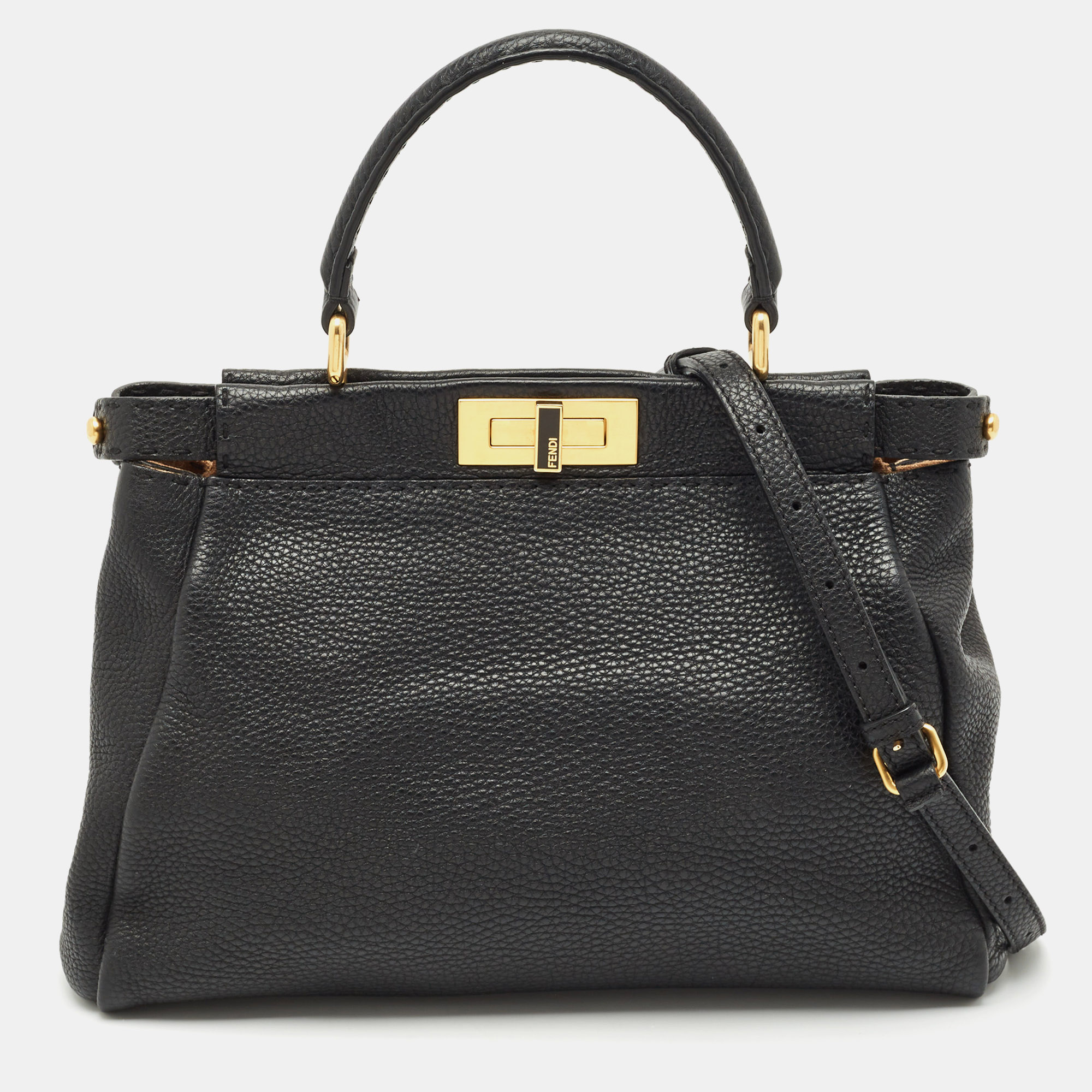 

Fendi Black Selleria Leather Regular Peekaboo Top Handle Bag