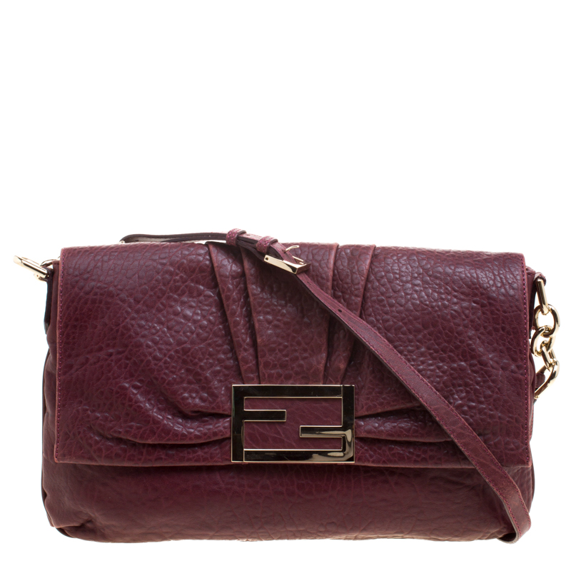 Pre Owned Fendi Burgundy Leather Mia Crossbody Bag