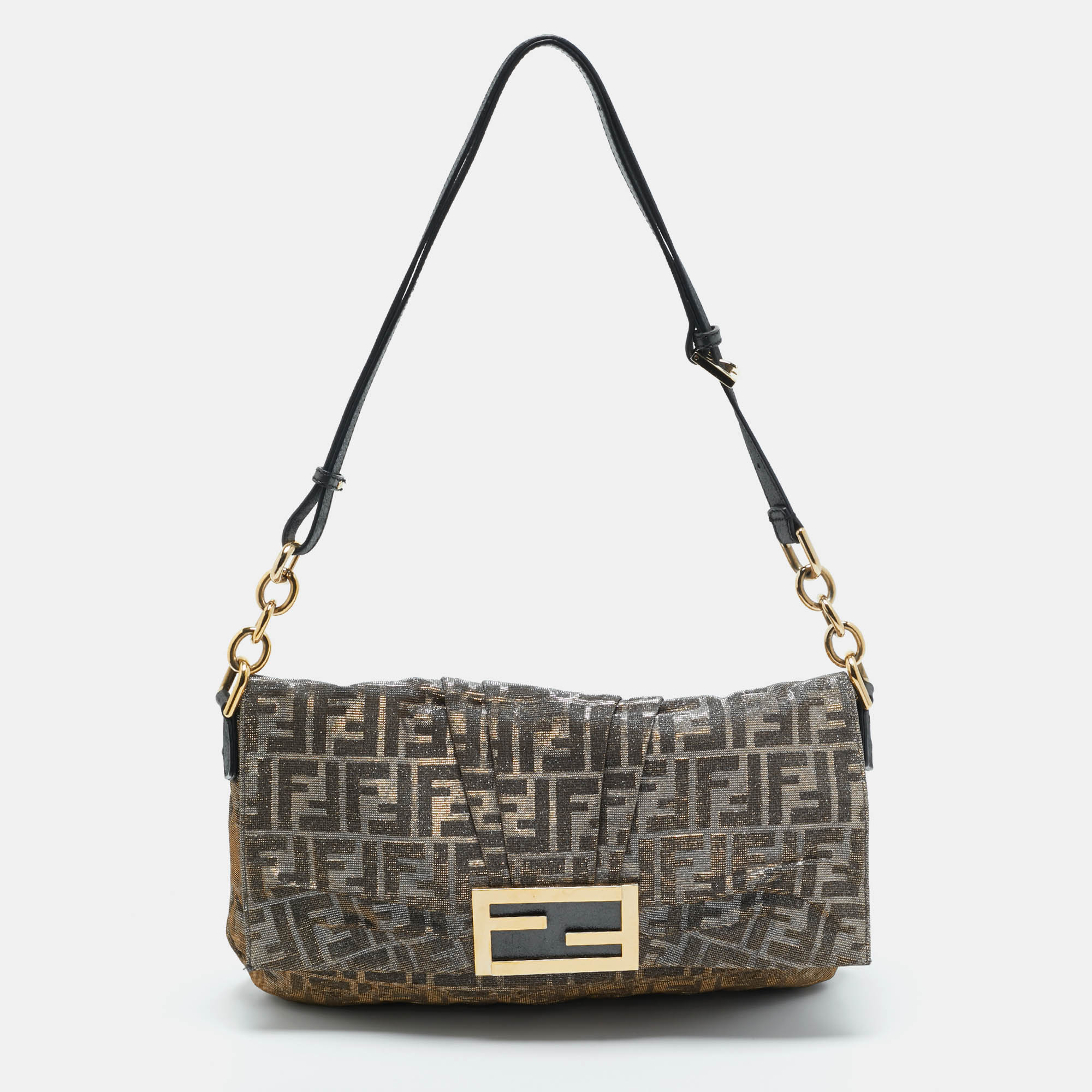 

Fendi Silver/Gold Zucca Lurex Fabric and Leather Large Mia Flap Bag