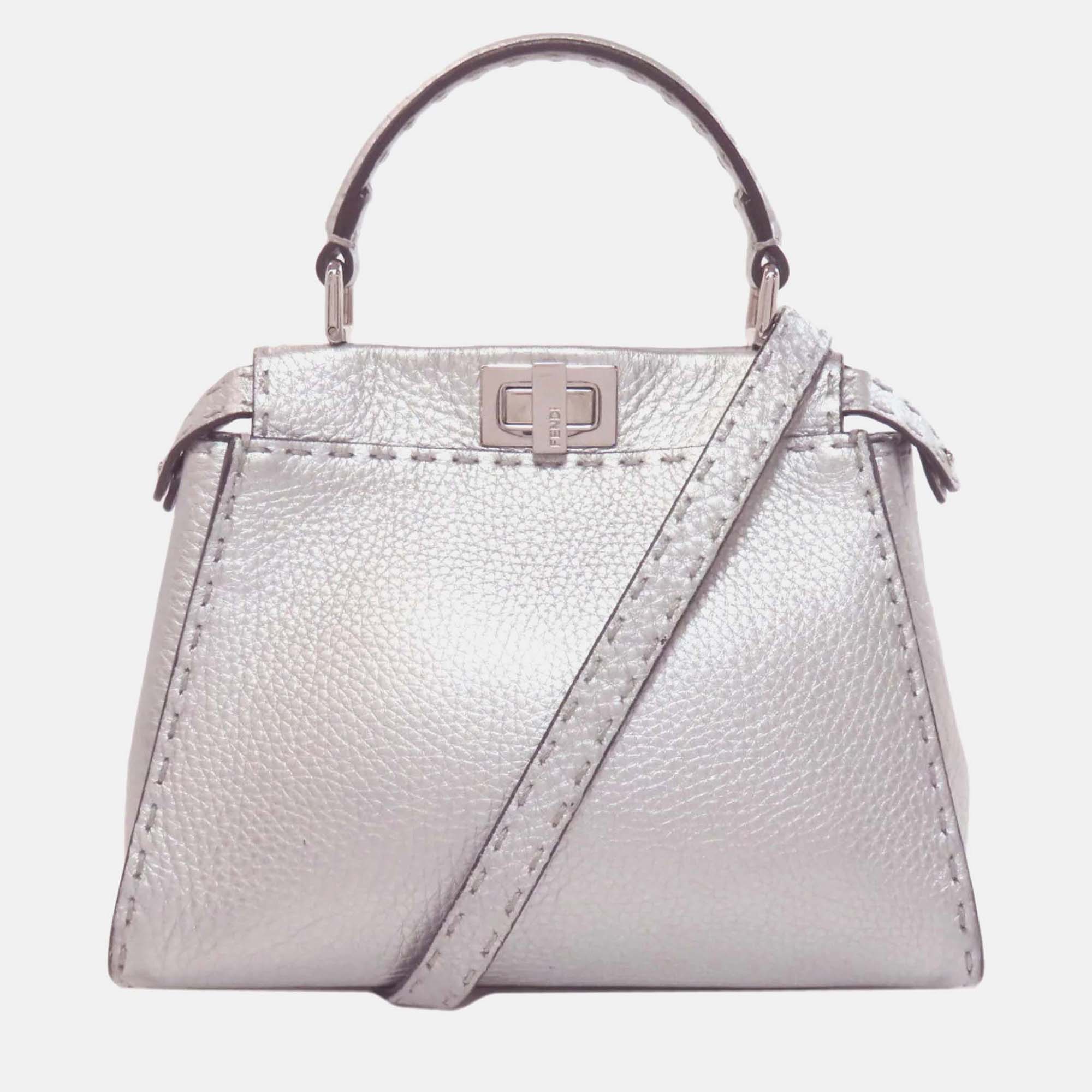 

Fendi Peekaboo Mini Selleria Calf Leather Handbag, Silver