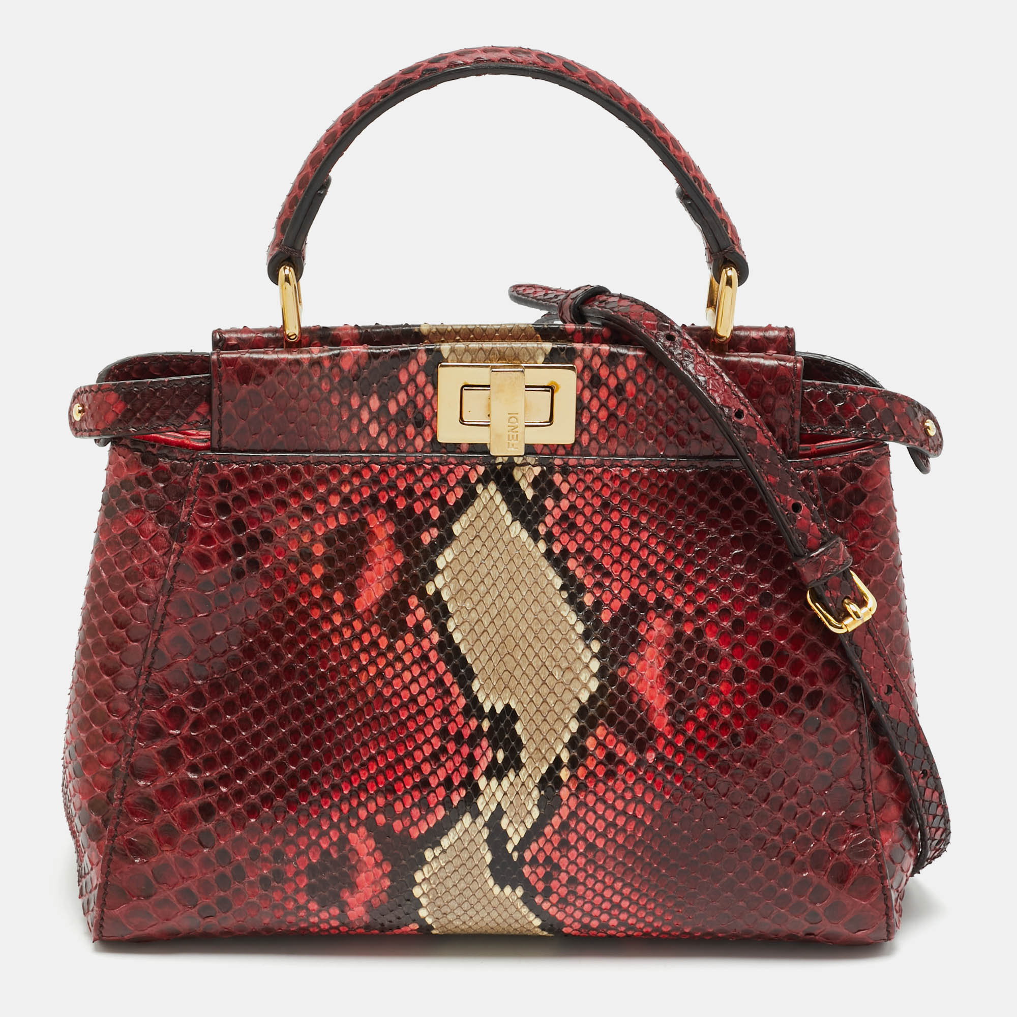

Fendi Red/Beige Python Mini Peekaboo Top Handle Bag