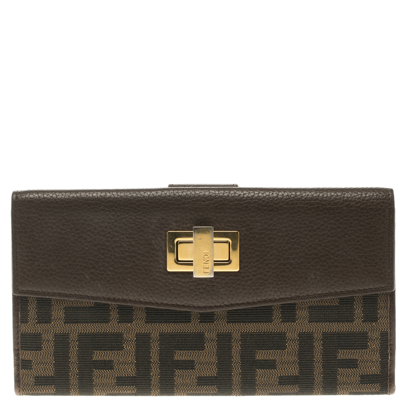 Pre Owned Fendi Brown Zucca Canvas and Leather Long Wallet