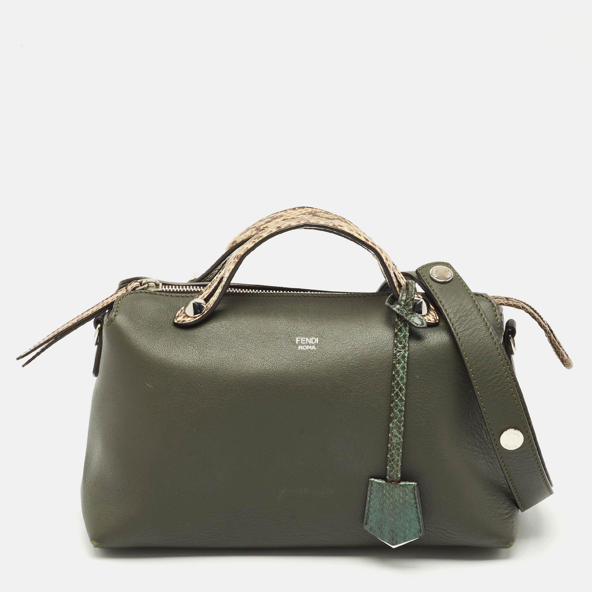 

Fendi Dark Green/Beige Leather and Snakeskin Trim Medium By The Way Bag
