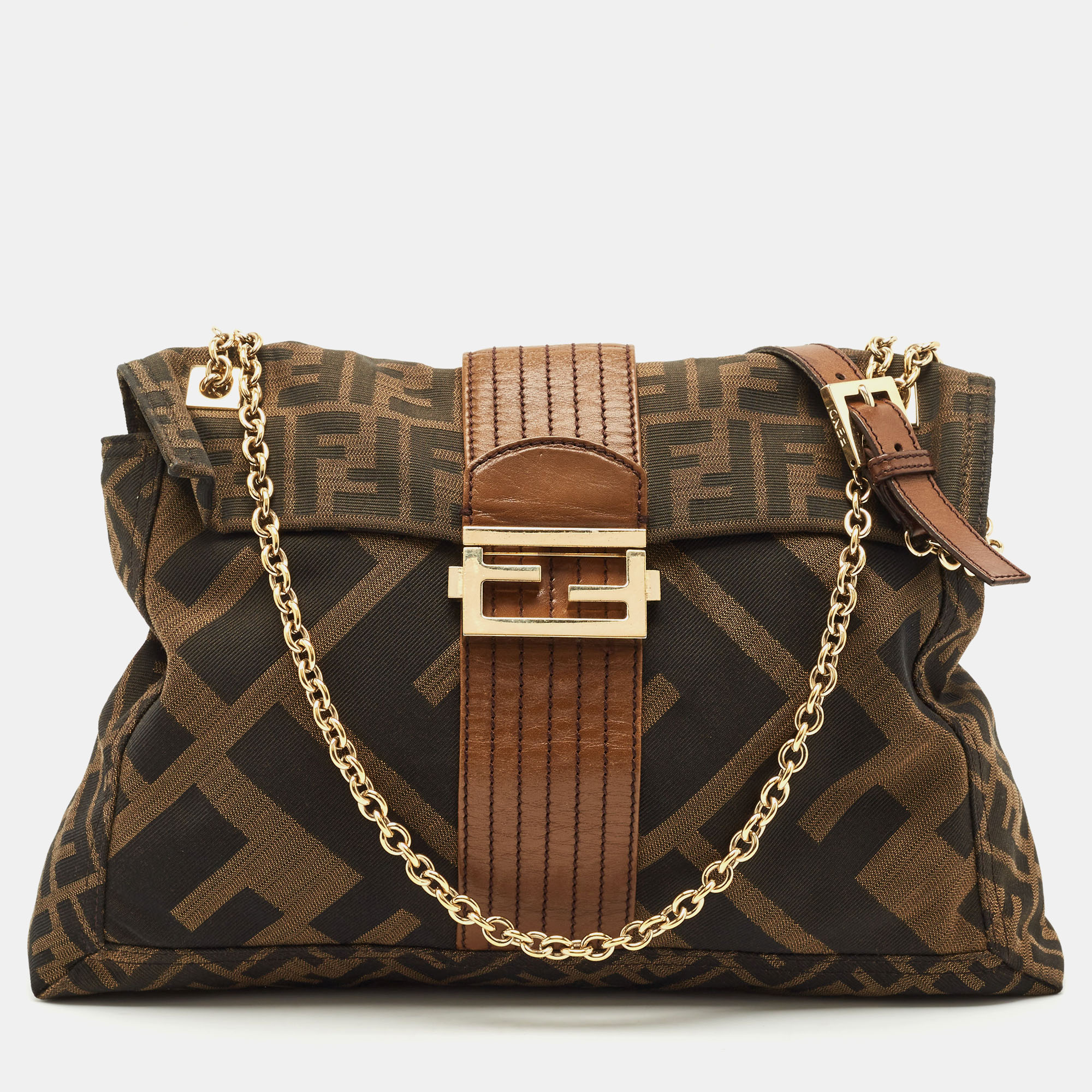 

Fendi Tobacco Zucca Canvas and Leather Maxi Baguette Flap Shoulder Bag, Brown