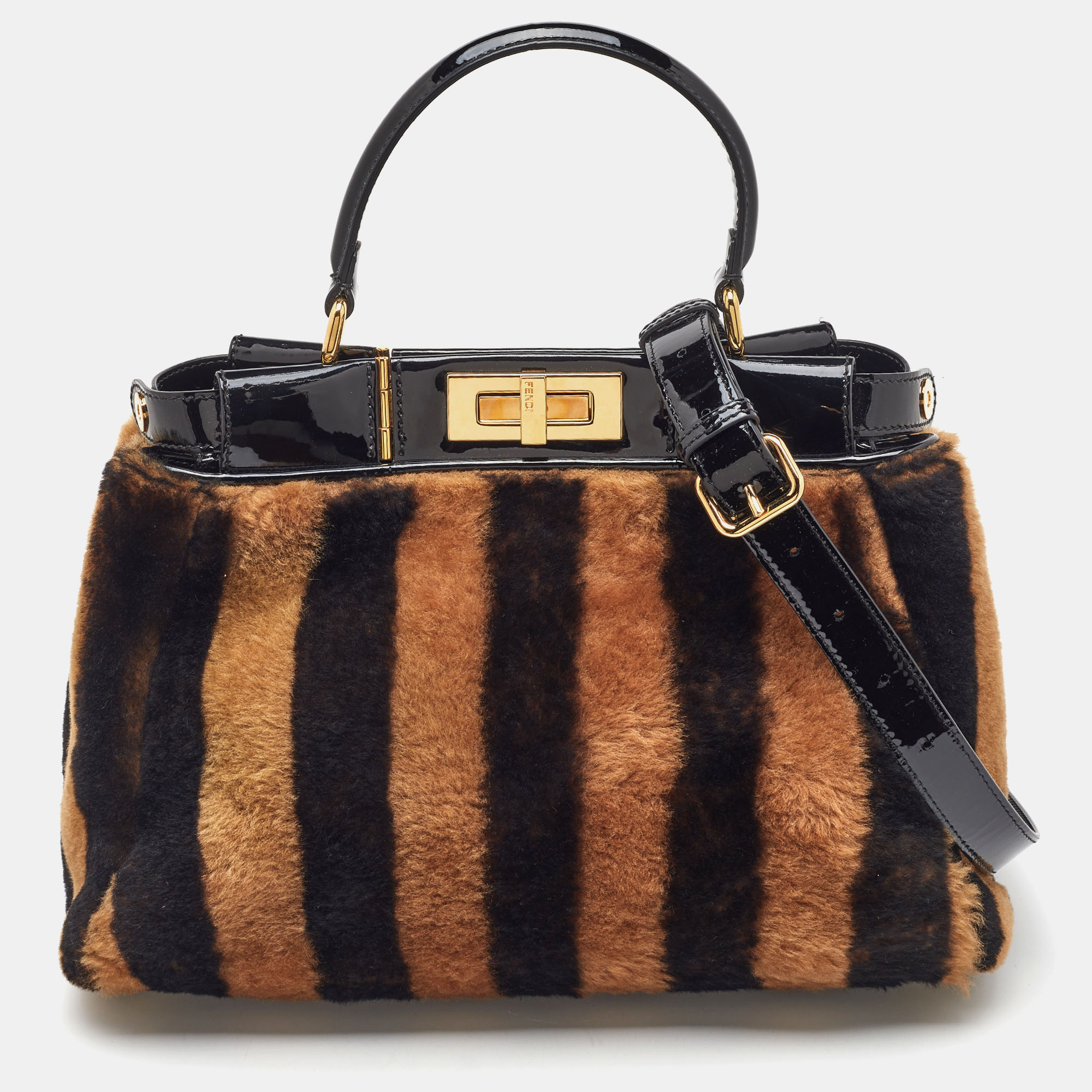 

Fendi Dark Brown/Black Shearling and Patent Leather Pequin Peekaboo Bag