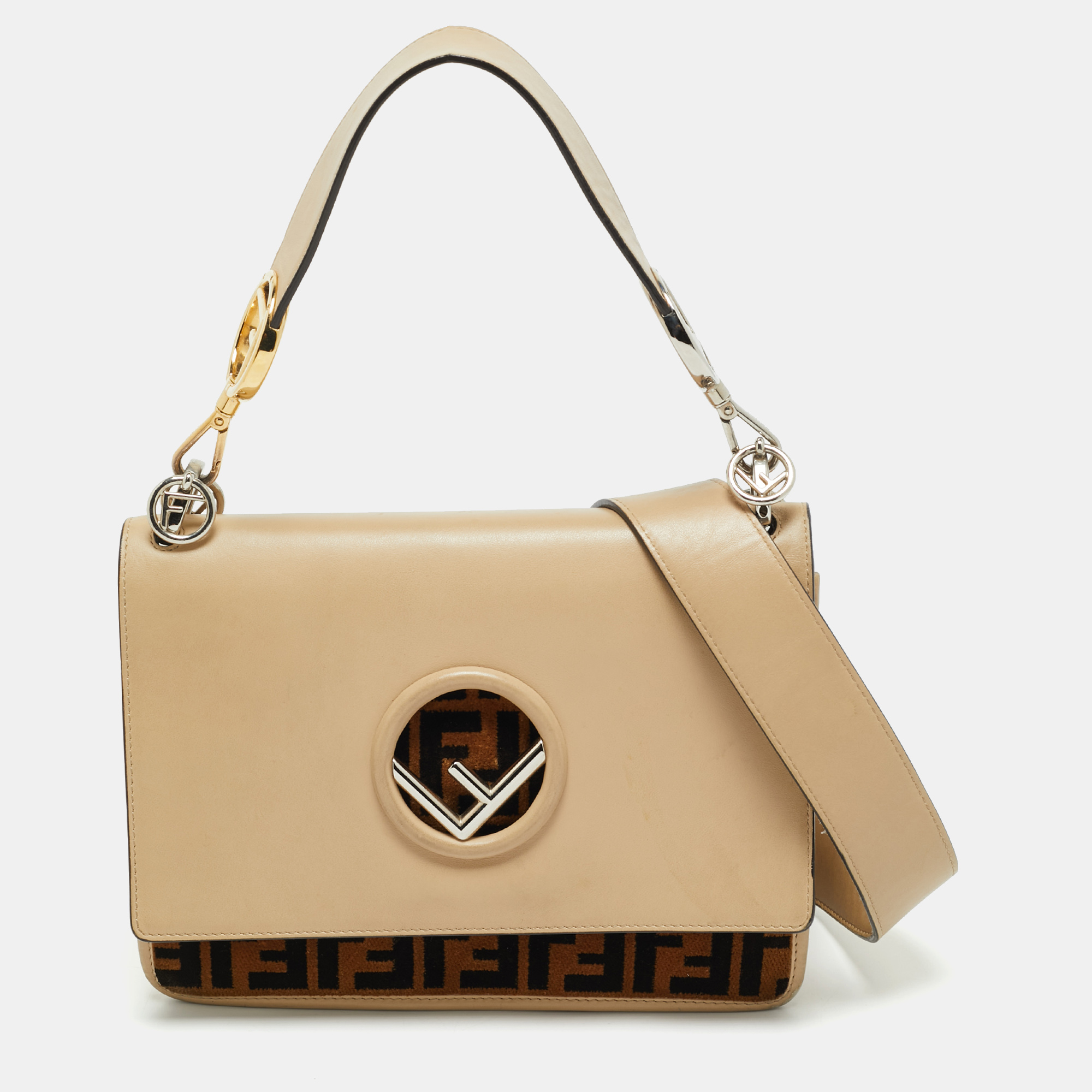

Fendi Beige/Brown Leather and Velvet Kan I F Logo Shoulder Bag