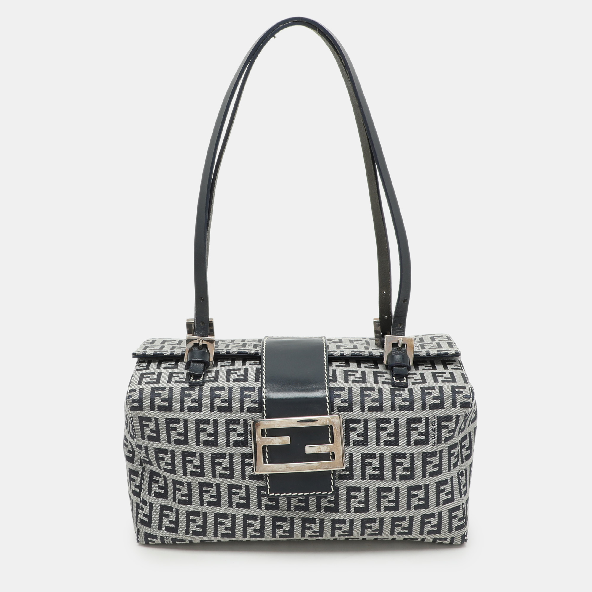 Fendi Grey Canvas Box Baguette Top Handle Bag