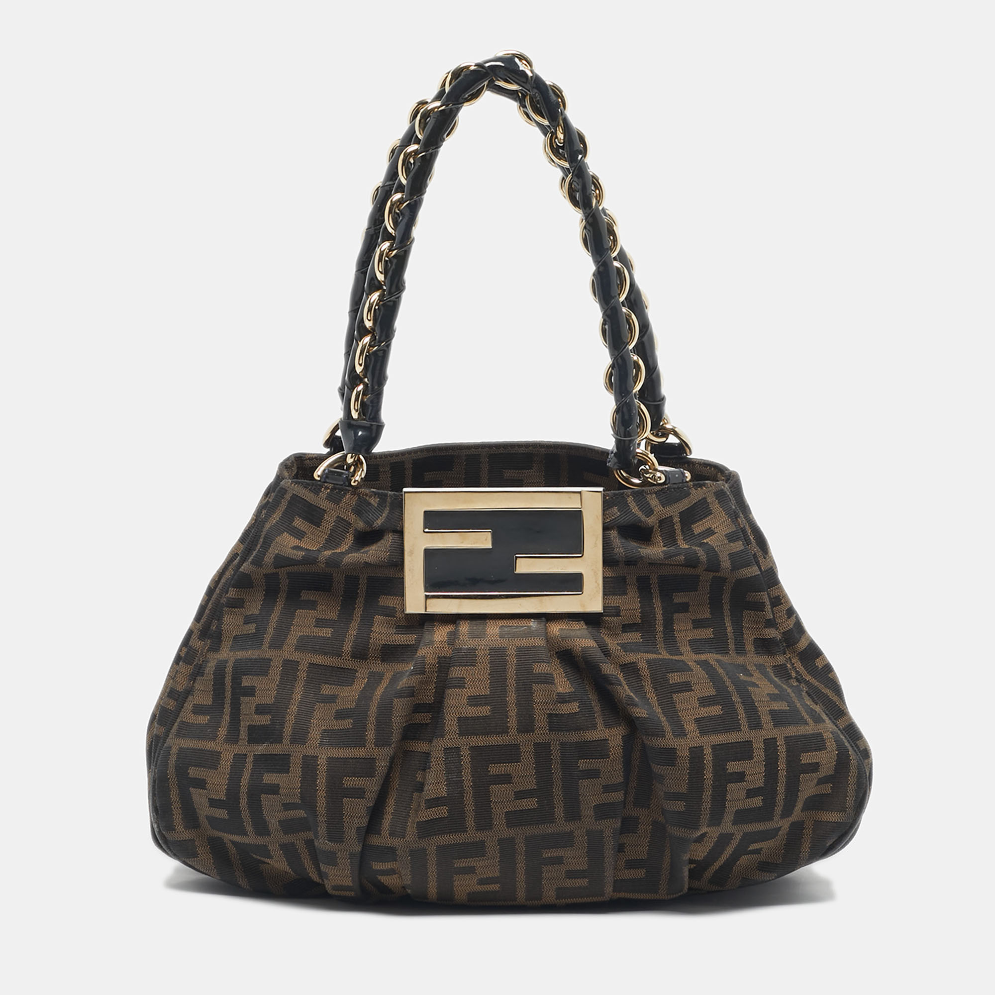 

Fendi Tobacco Zucca Canvas and Patent Leather  Mia Hobo, Brown