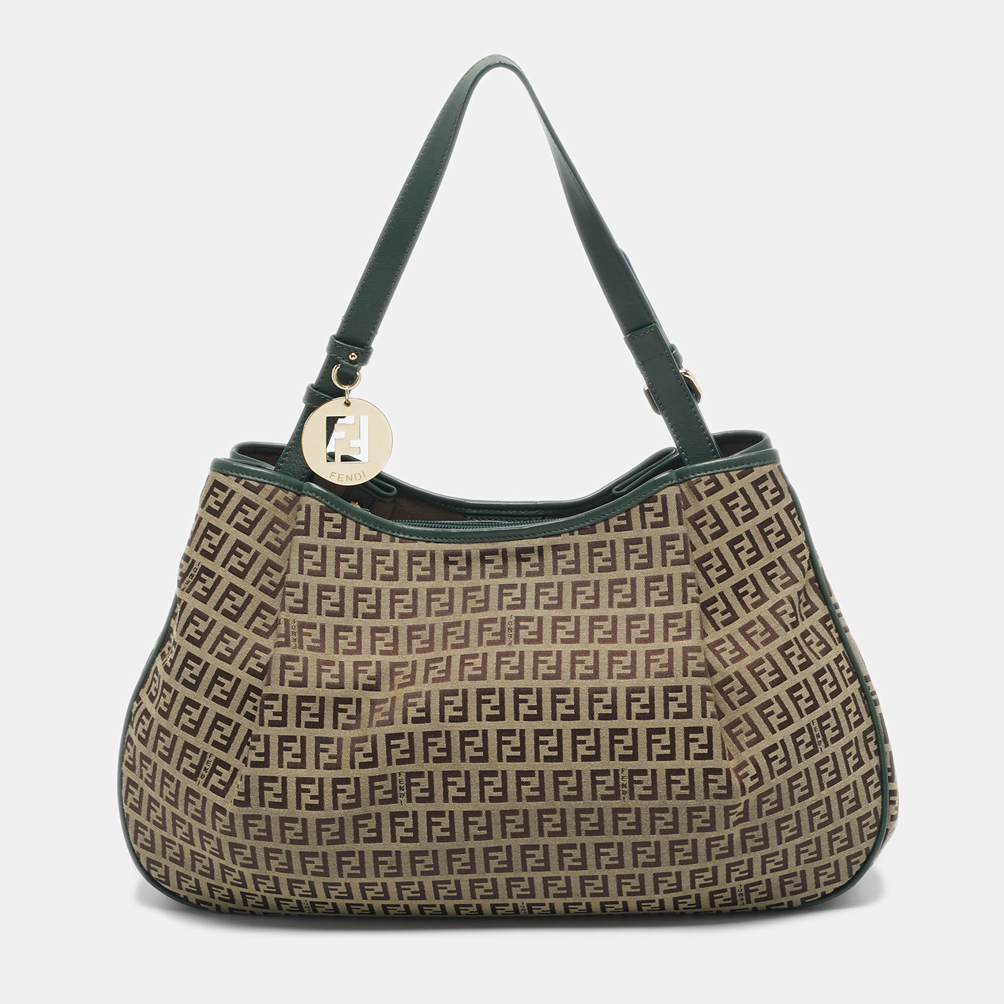 Pre-owned Fendi Green/beige Zucchino Canvas Charm Shoulder Bag