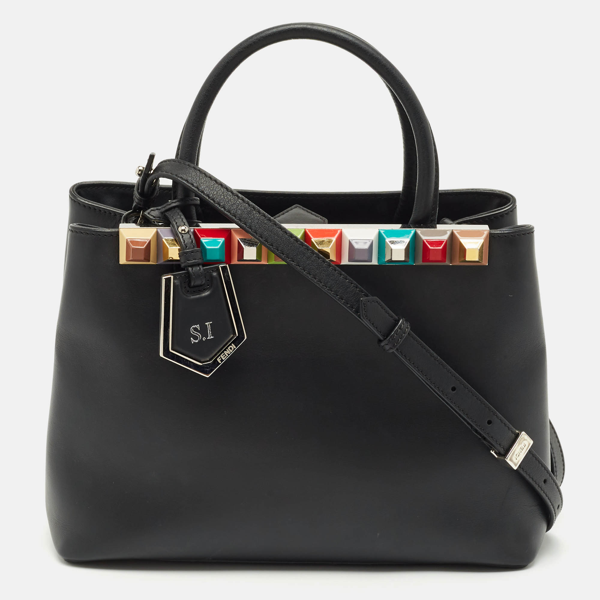 Pre-owned Fendi Black Leather Stud Applique Petite 2jours Elite Tote