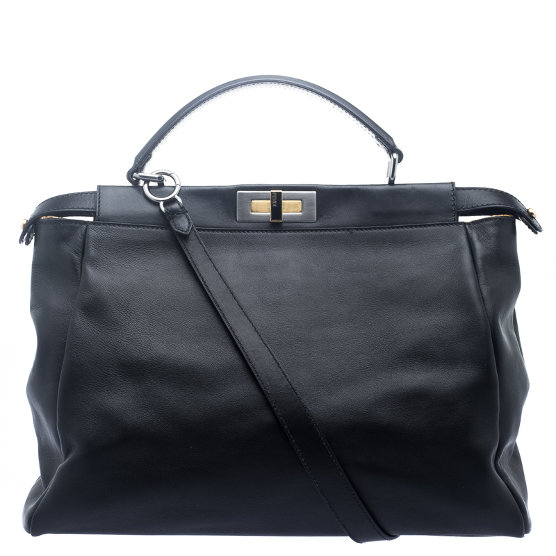 Pre Owned Fendi Black Leather with Python Lining Large Peekaboo Top Handle Bag