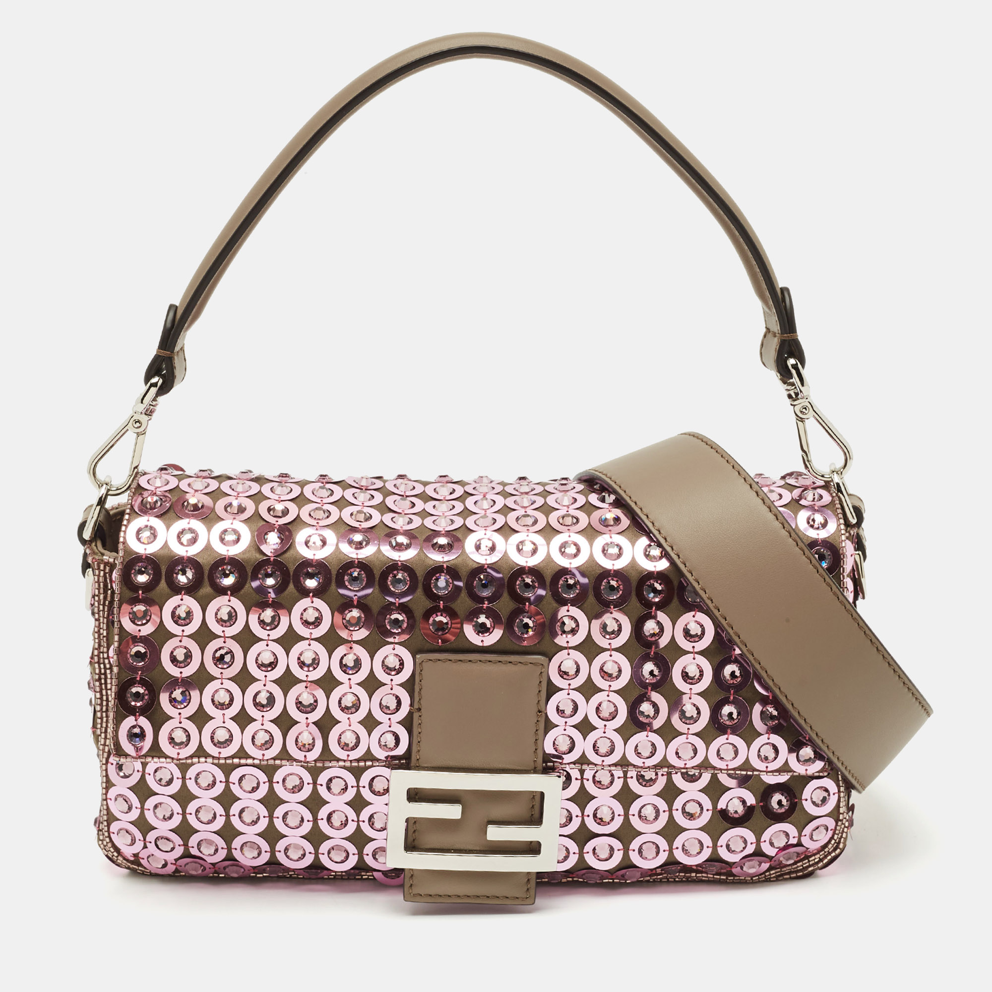 

Fendi Pink/Beige Leather and Sequins Embellished Medium Baguette Bag